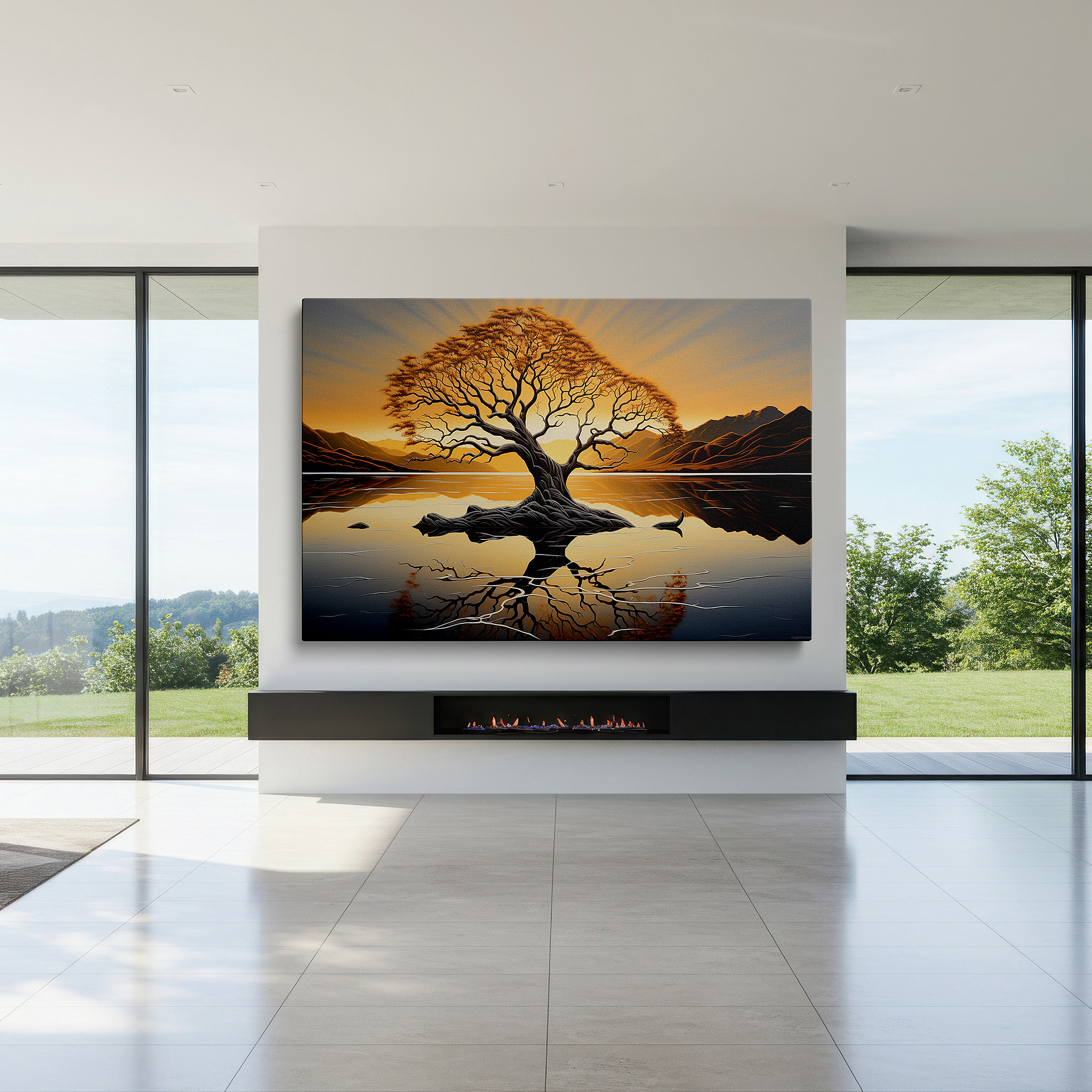 Positioned above a console table between ceramic vases — serene sunset and solitary tree reflection - peaceful scenery large wall art, canvas wall art, decorative wall art for office and bedroom
