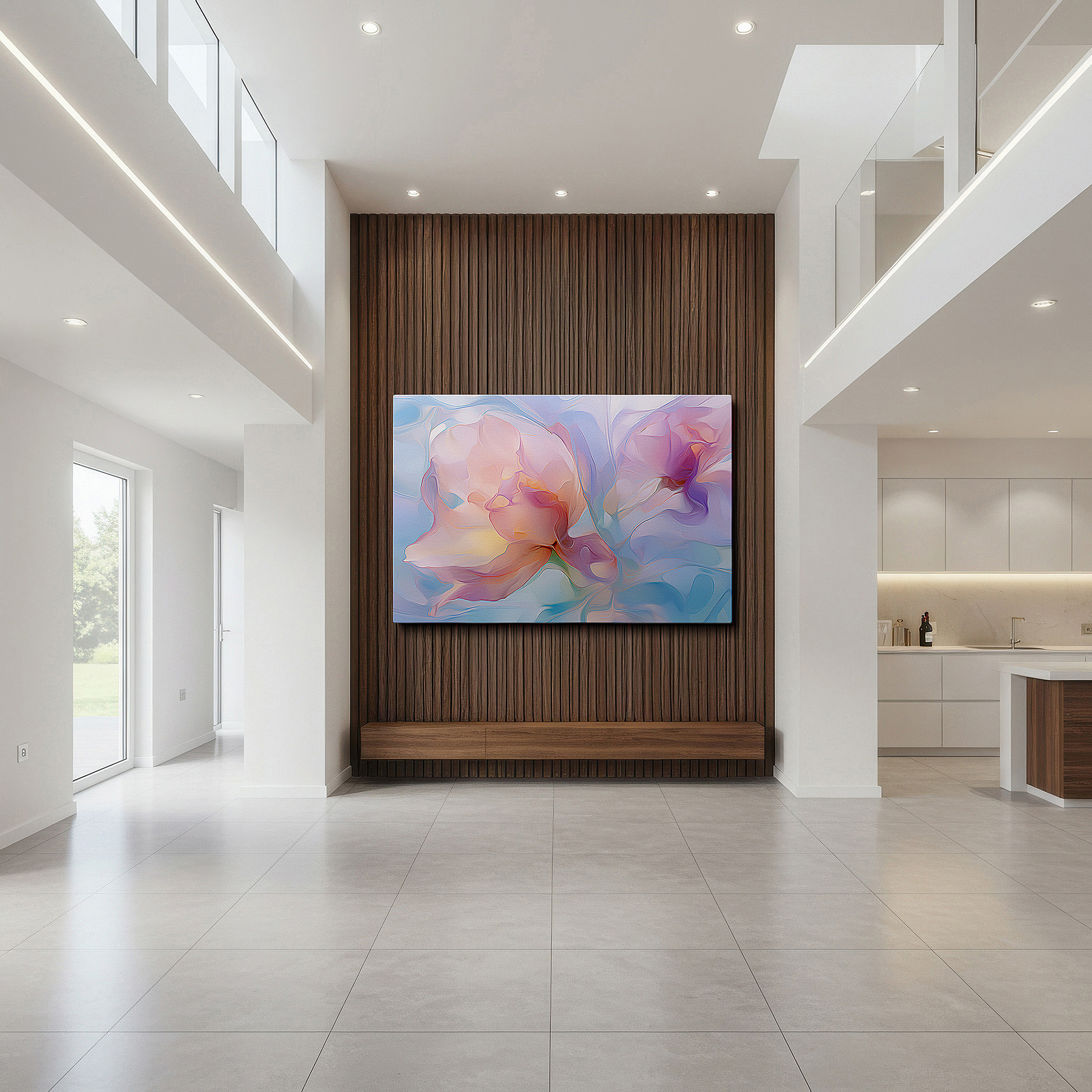 Positioned above a console table between ceramic vases — a serene symphony of pastel blooms: large canvas wall art for bedrooms and offices, featuring tranquil hues