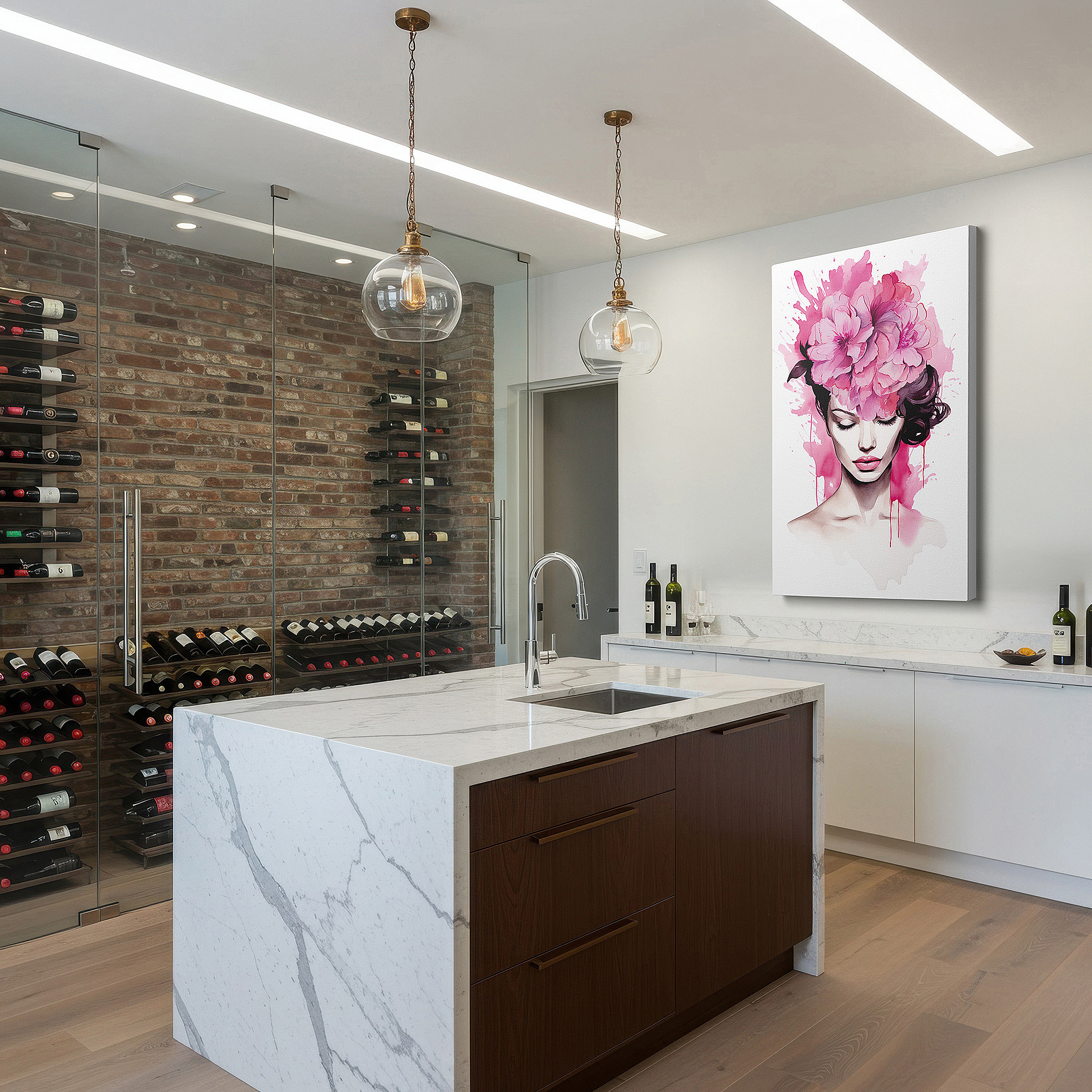 Positioned above a console table between ceramic vases — serene woman embellished with bright pink flowers, representing nature's embrace - large wall art, canvas wall art, wall decor for office and bedroom