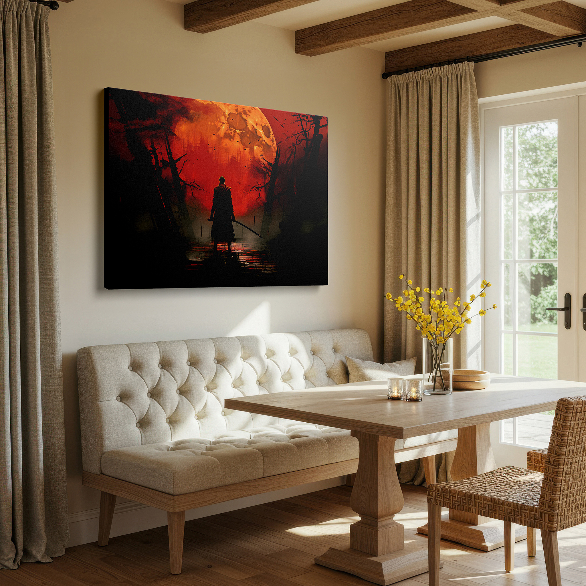 Positioned above a console table between ceramic vases — silhouetted figure against a red moon in a haunting, shadowy landscape: large canvas wall art for office and bedroom decor