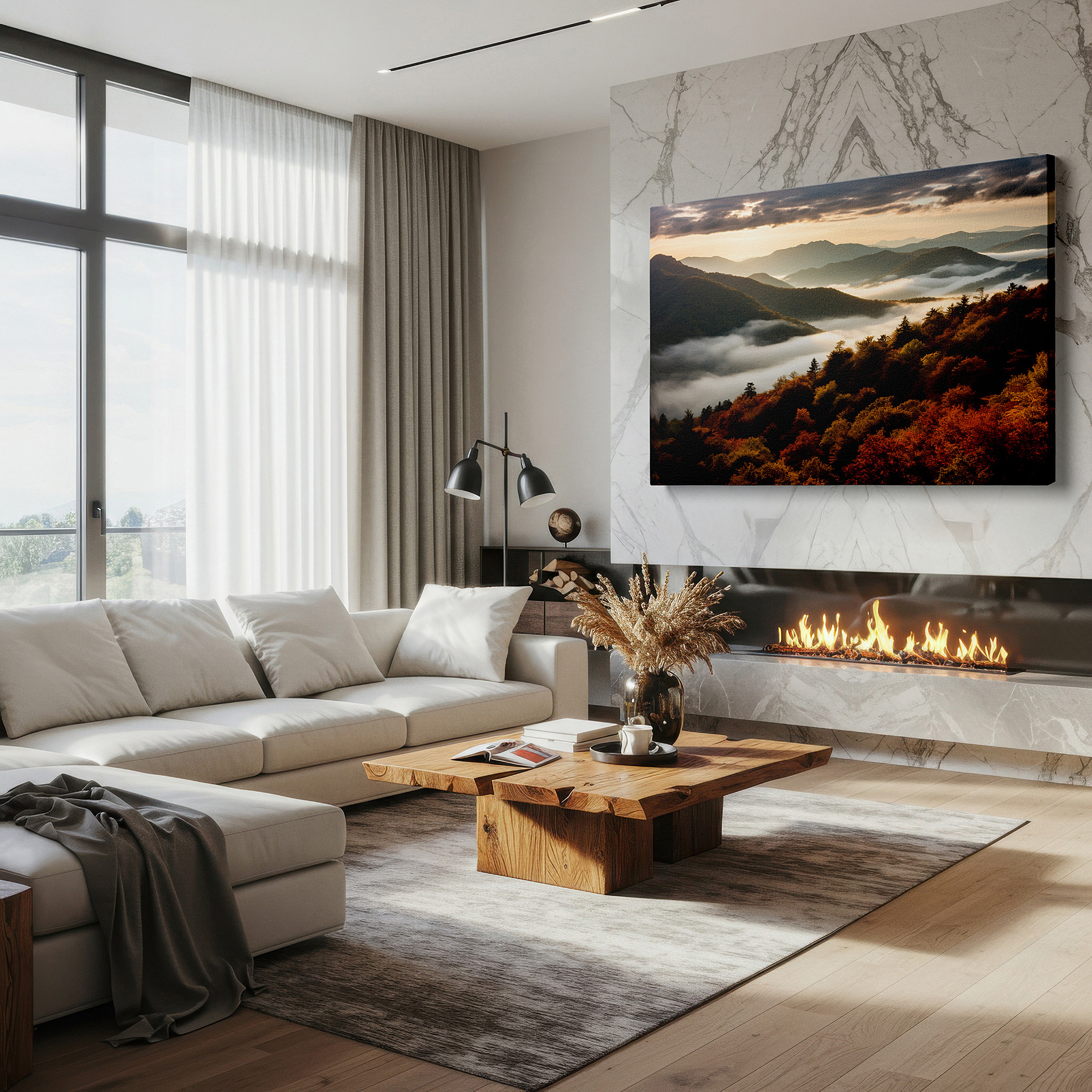 Positioned above a console table between ceramic vases — smoky mountains at dawn - golden sunrise and autumn colors large wall art, canvas print, home and office decor