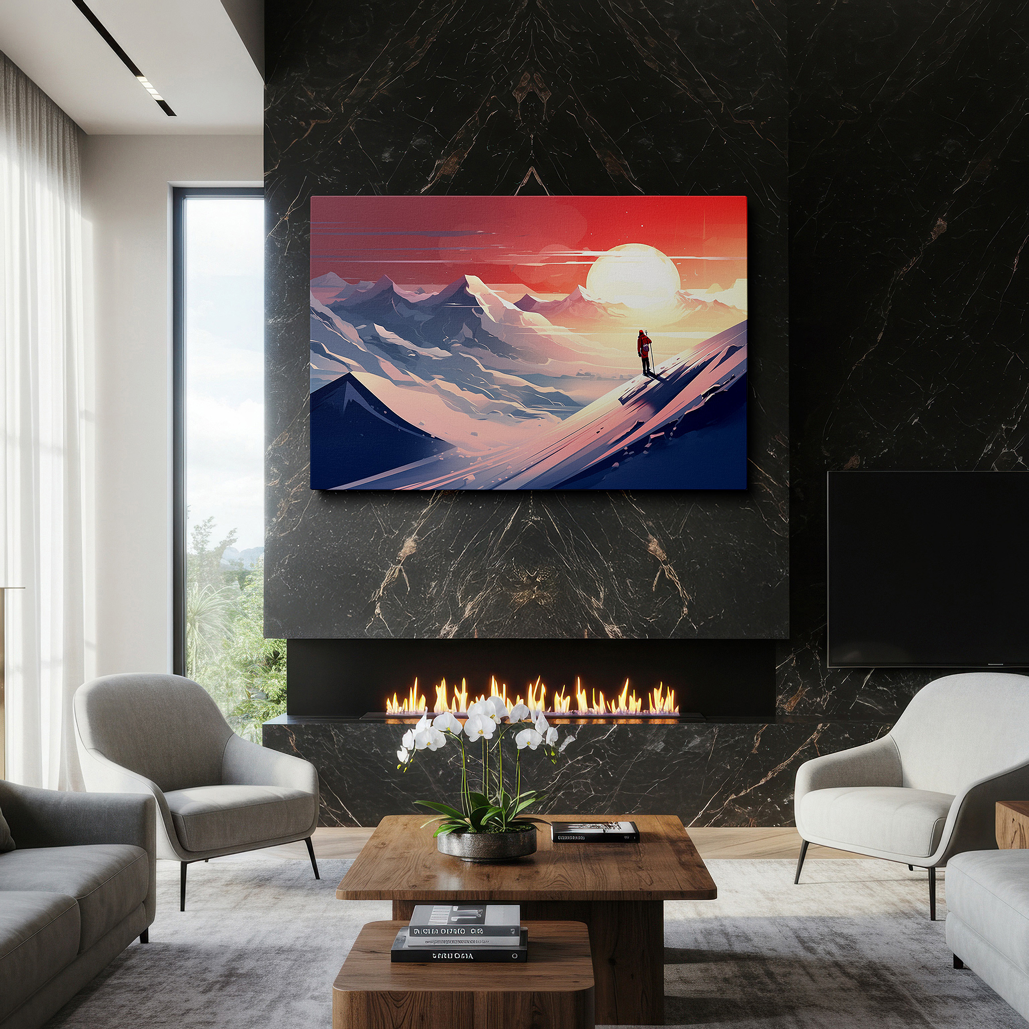 Positioned above a console table between ceramic vases — solitary hiker among snow-capped peaks at sunset - a scene of solitude and adventure, large wall art, canvas, home and office decor