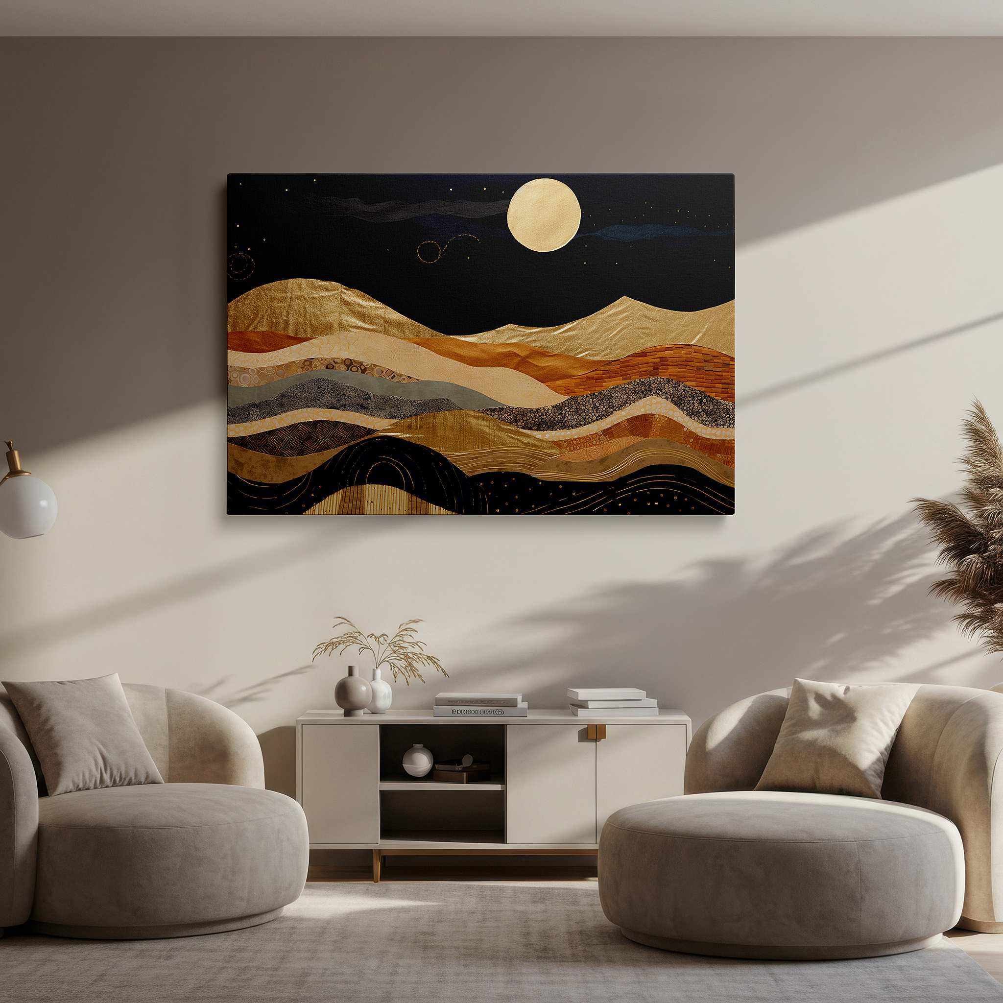 Positioned above a console table between ceramic vases — starry sky over golden hills with glowing moon, tranquil nature masterpiece, large canvas wall art for office and bedroom decor