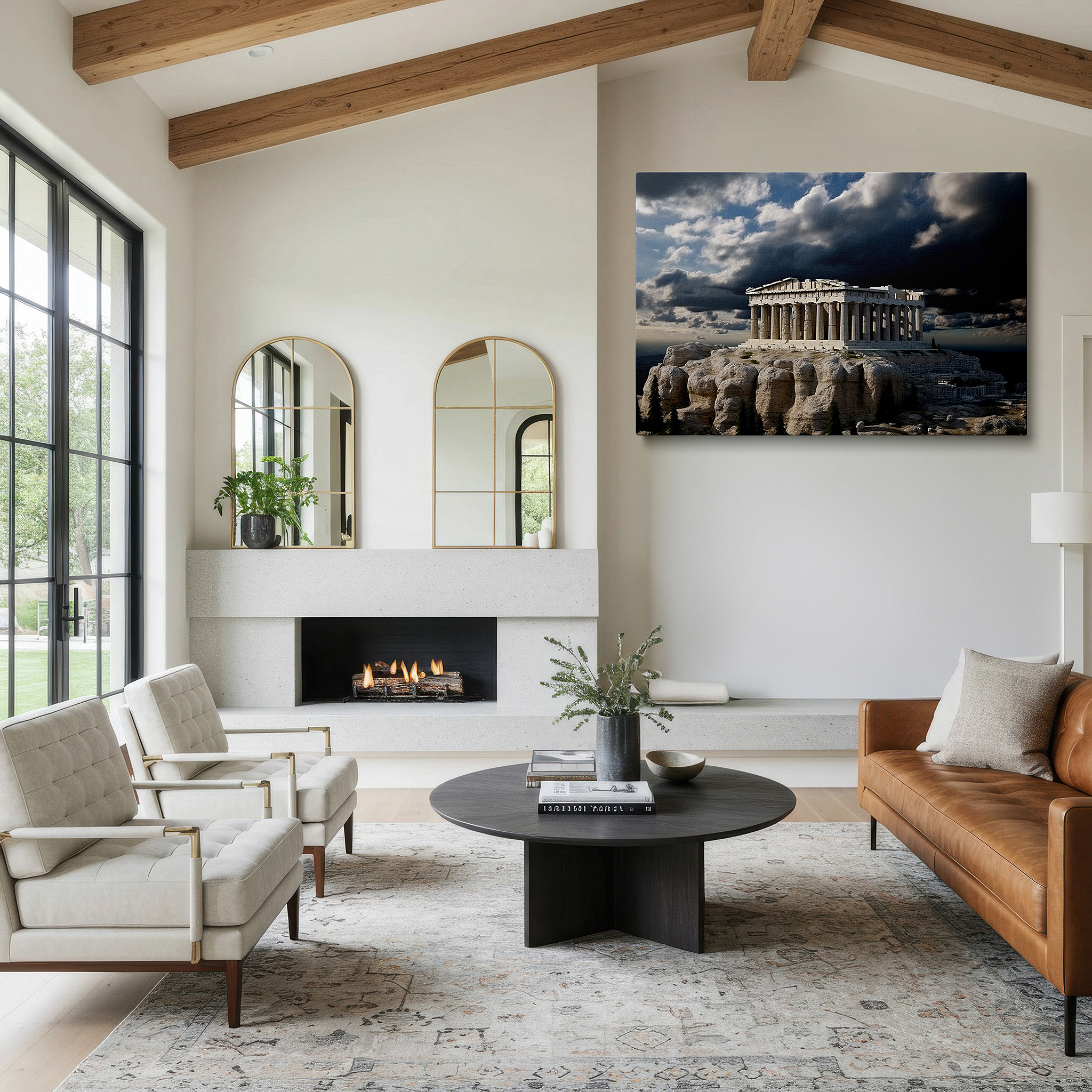 Positioned above a console table between ceramic vases — stormy skies and rugged terrain featuring majestic greek temple large canvas wall art for office, bedroom, and living room decor