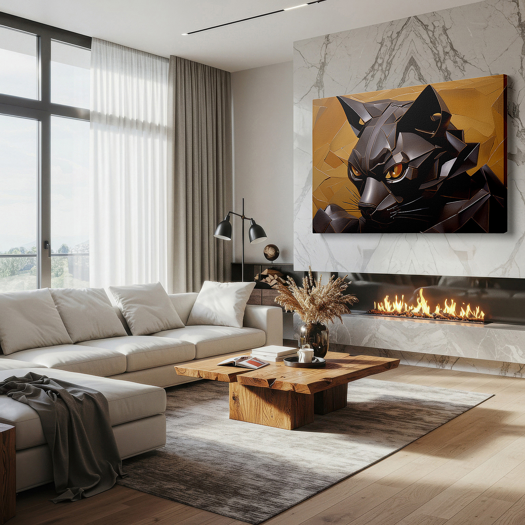 Positioned above a console table between ceramic vases — stunning large black cat sculpture wall art with bold geometric patterns and golden eyes, perfect for office or bedroom decor