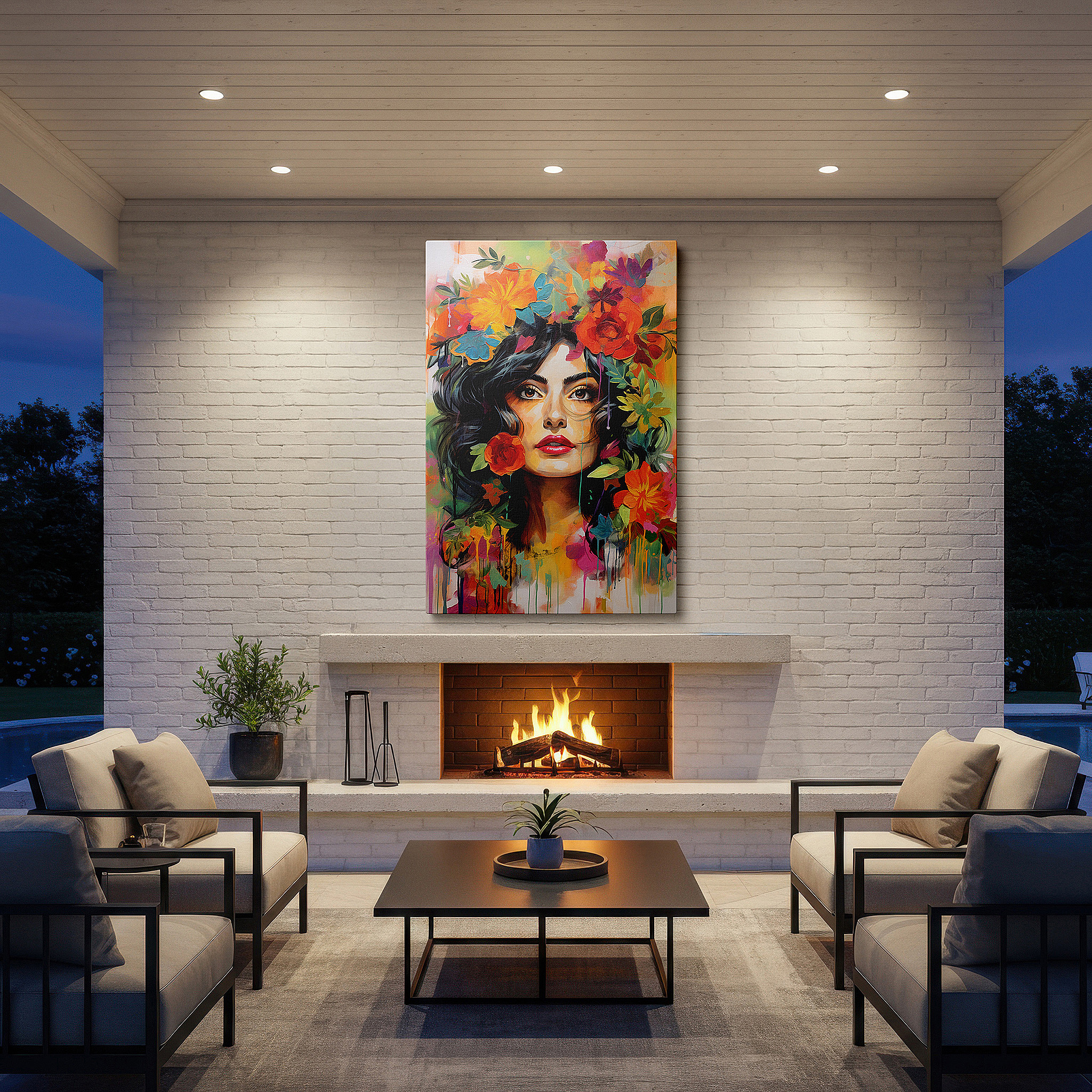 Positioned above a console table between ceramic vases — stunning wall art featuring a woman with a colorful floral crown, a blend of vibrant colors and emotions, available as large canvas wall art