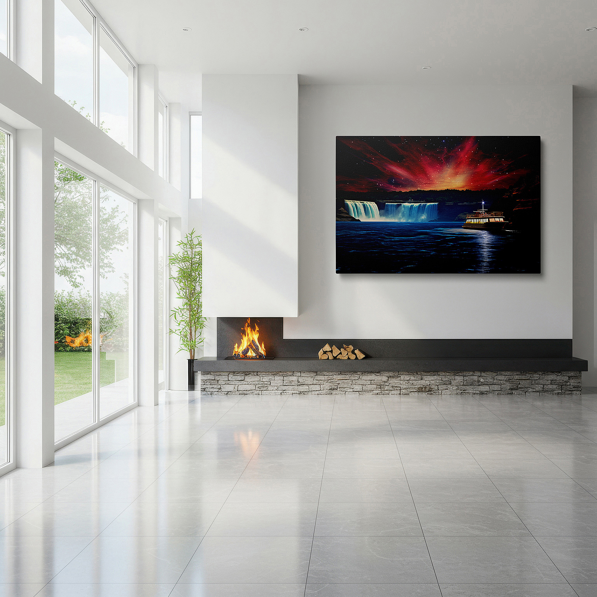 Positioned above a console table between ceramic vases — stunning waterfall and northern lights large canvas wall art, surrounded by lush greenery with starry sky reflections, perfect for office decor