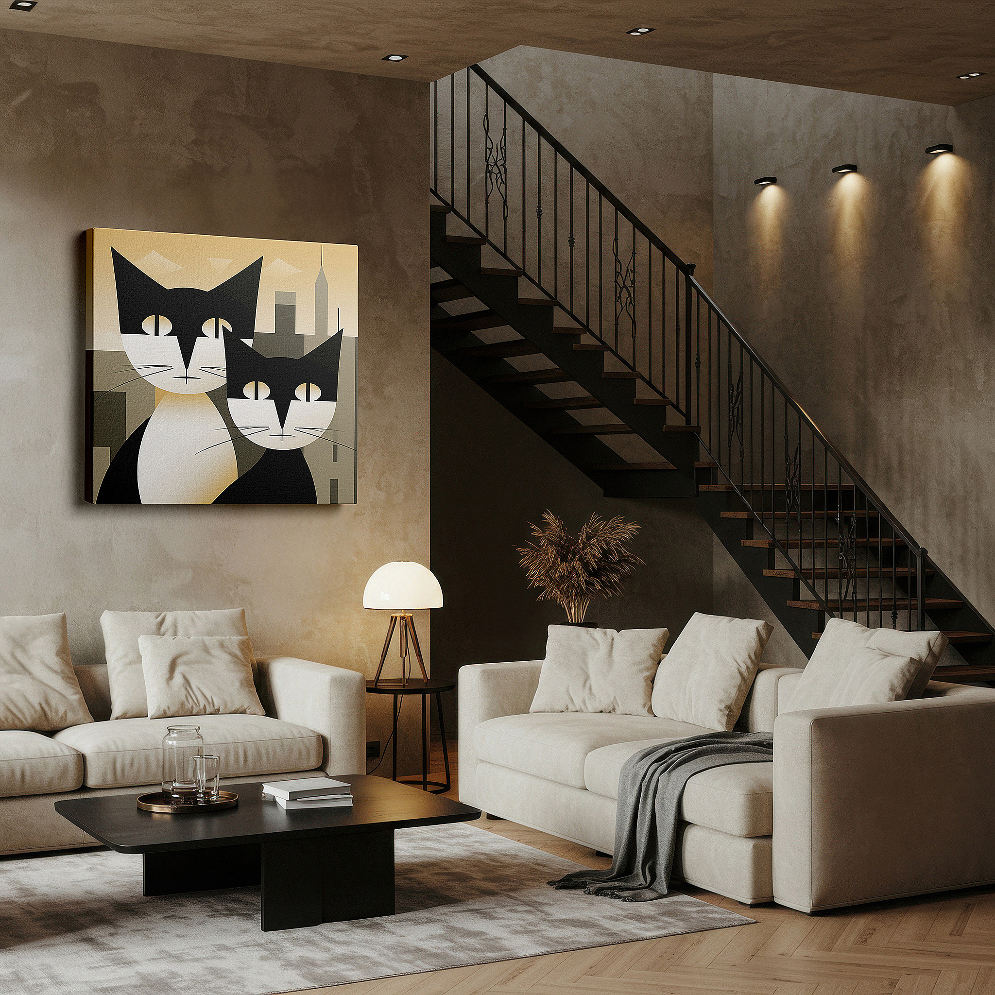 Positioned above a console table between ceramic vases — stylized black and white cats on a pastel cityscape - large urban whimsy canvas wall art for office decor