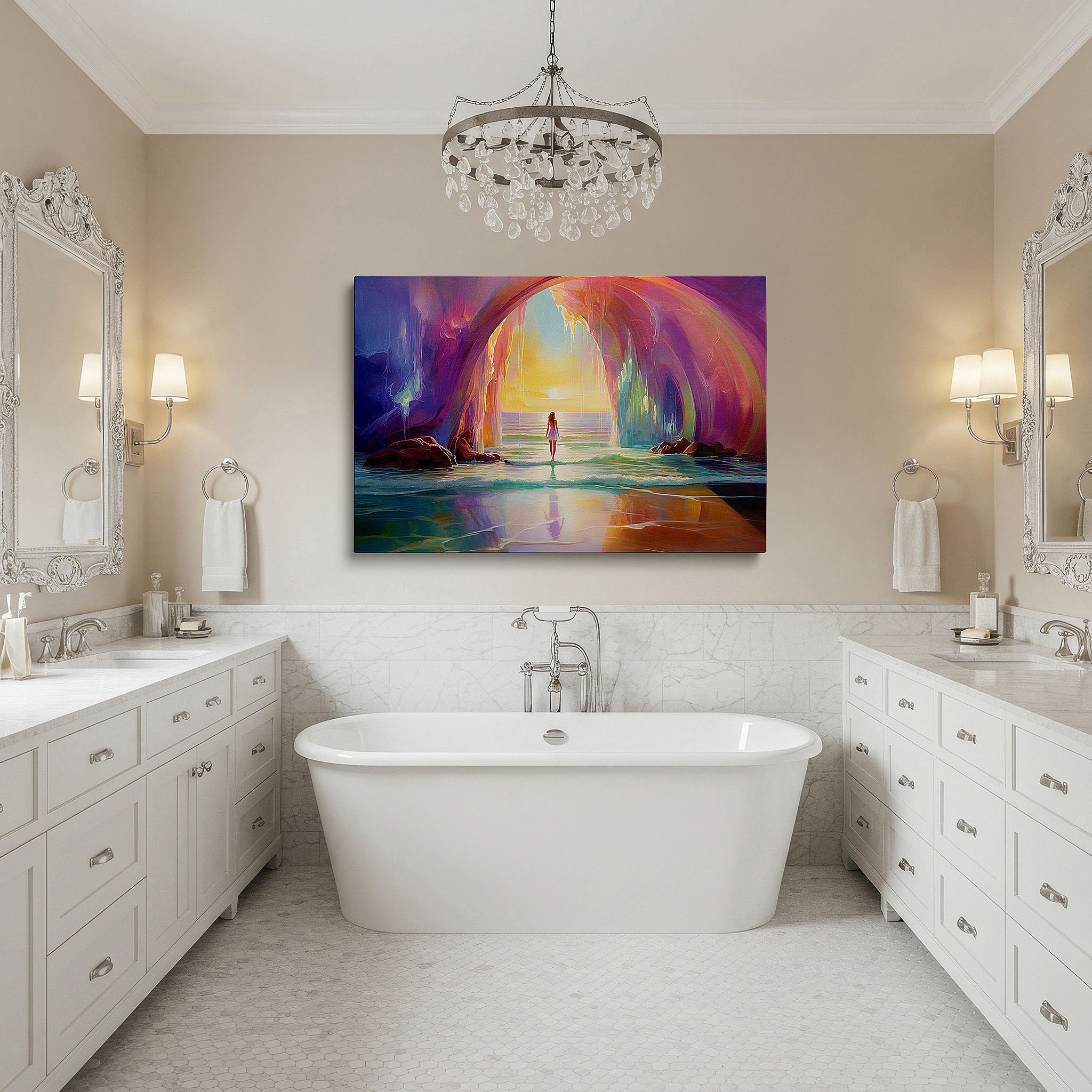 Positioned above a console table between ceramic vases — sunset archway gateway to serenity, tranquil ocean hues large canvas wall art for office and bedroom decor