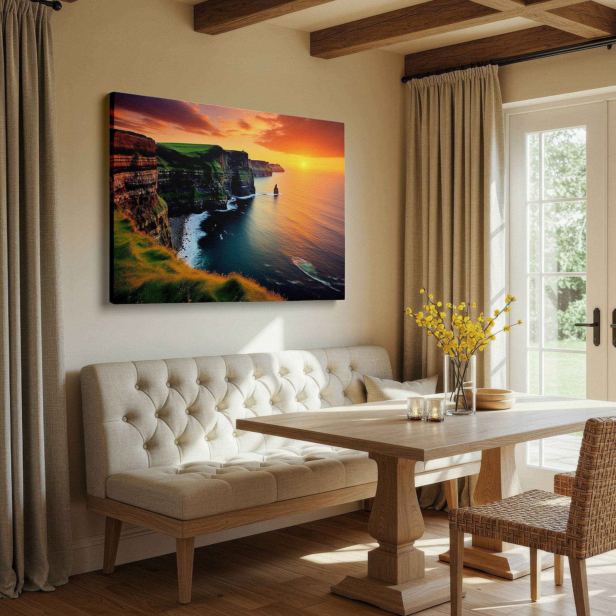 Positioned above a console table between ceramic vases — sunset over majestic cliffs and ocean - serene nature's beauty large wall art, canvas wall art, wall decor for office and bedroom