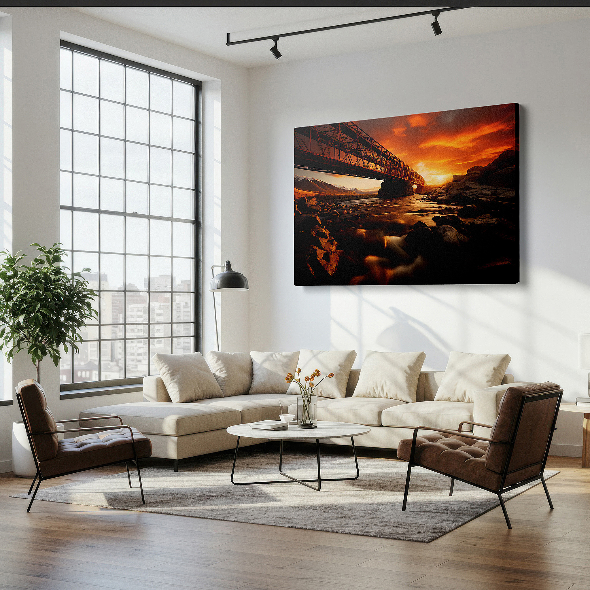 Positioned above a console table between ceramic vases — sunset river and industrial bridge scene - large canvas wall art for office decor