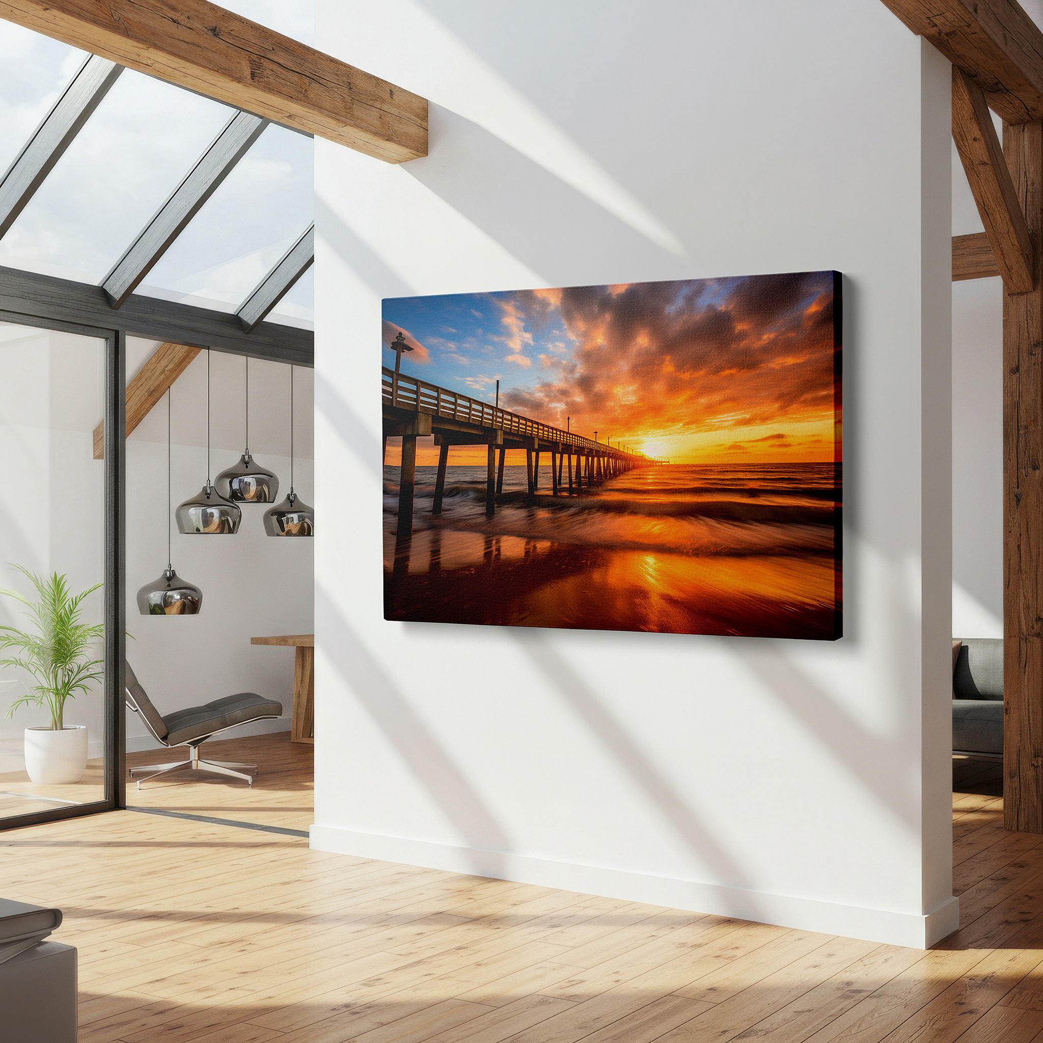 Positioned above a console table between ceramic vases — sunset serenade at the ocean pier: a vivid display of nature's palette - large canvas wall art for office and bedroom decor
