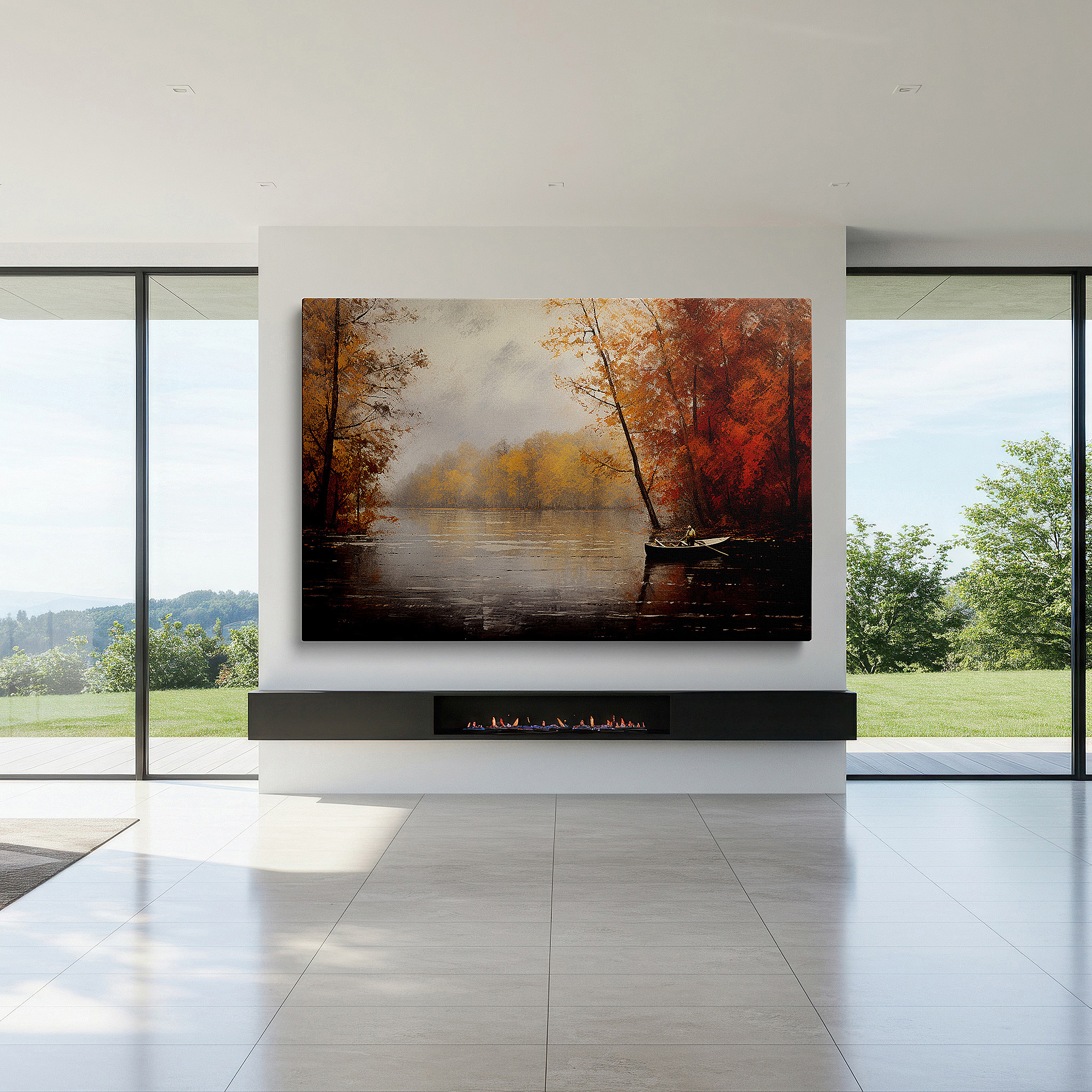 Positioned above a console table between ceramic vases — tranquil autumn lake wall art: reflective waters and fiery foliage - large canvas for home and office decor, perfect for living rooms and bedrooms