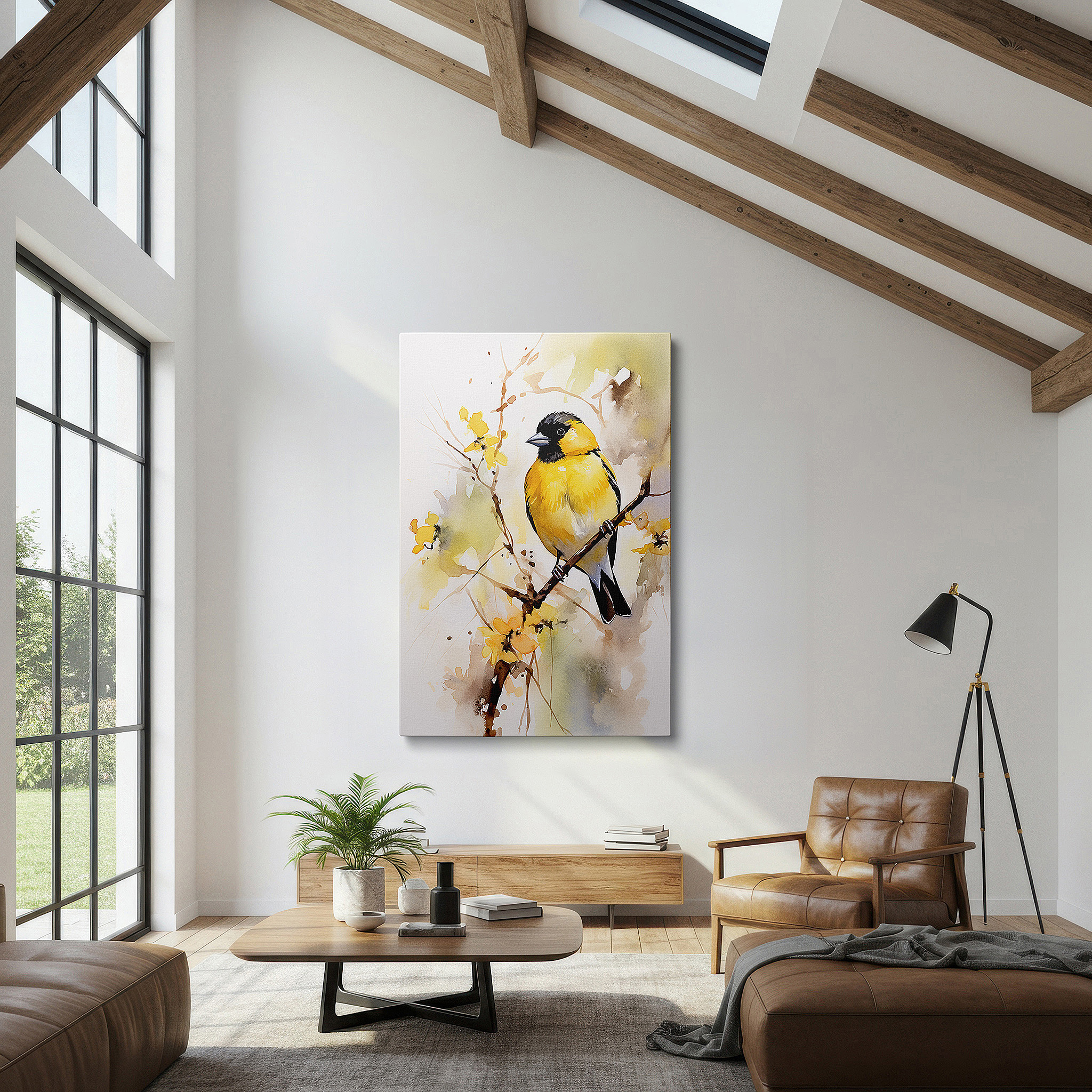Positioned above a console table between ceramic vases — tranquil dawn light featuring serene yellow bird on blossoming branch - large canvas wall art for office decor