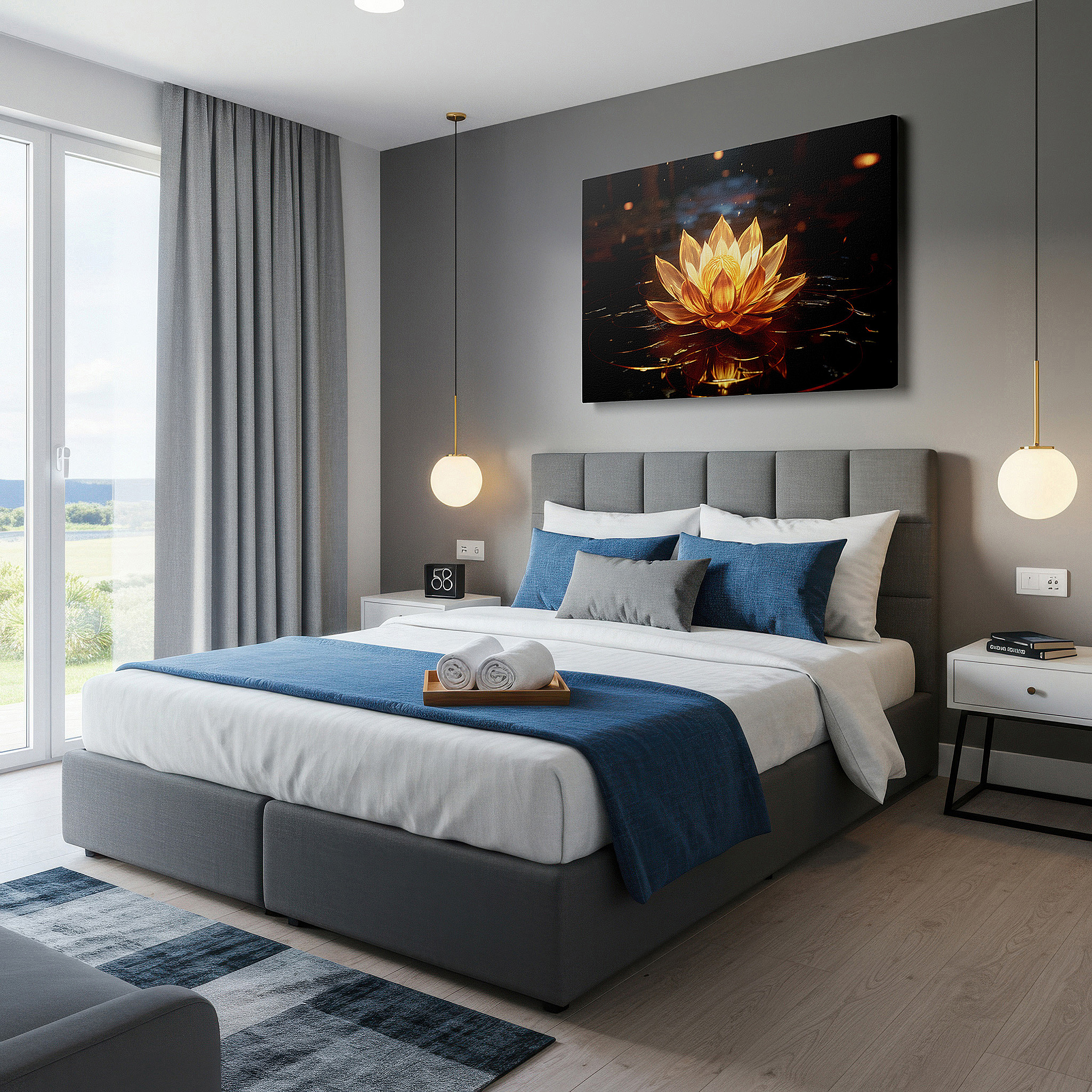 Positioned above a console table between ceramic vases — tranquil golden lotus pond large canvas wall art for peace and enlightenment, ideal for office and bedroom decor