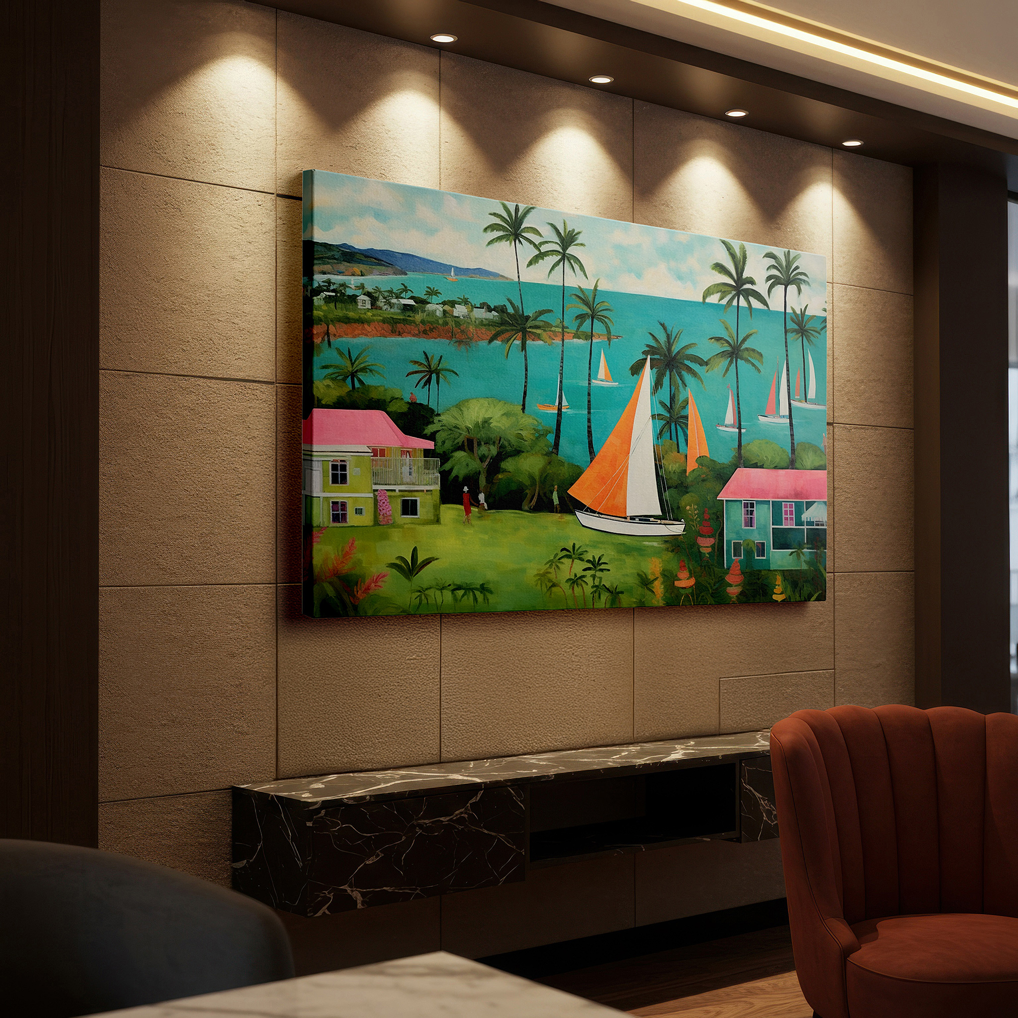 Positioned above a console table between ceramic vases — tropical paradise scene with vibrant sailboats and lush palms, serene seascape large canvas wall art for office and bedroom decor
