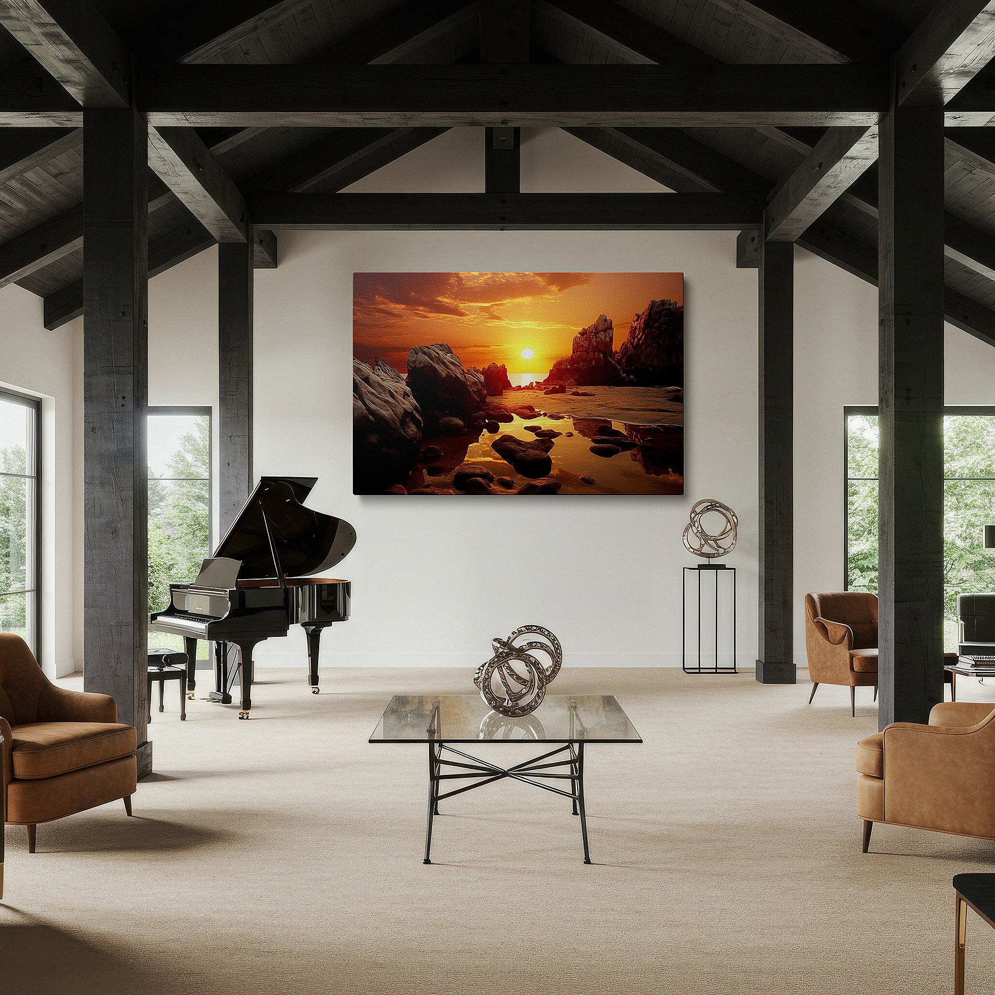 Positioned above a console table between ceramic vases — twilight beach scene with vibrant sunset reflections and serene waters large wall art, canvas wall art, wall decor for office