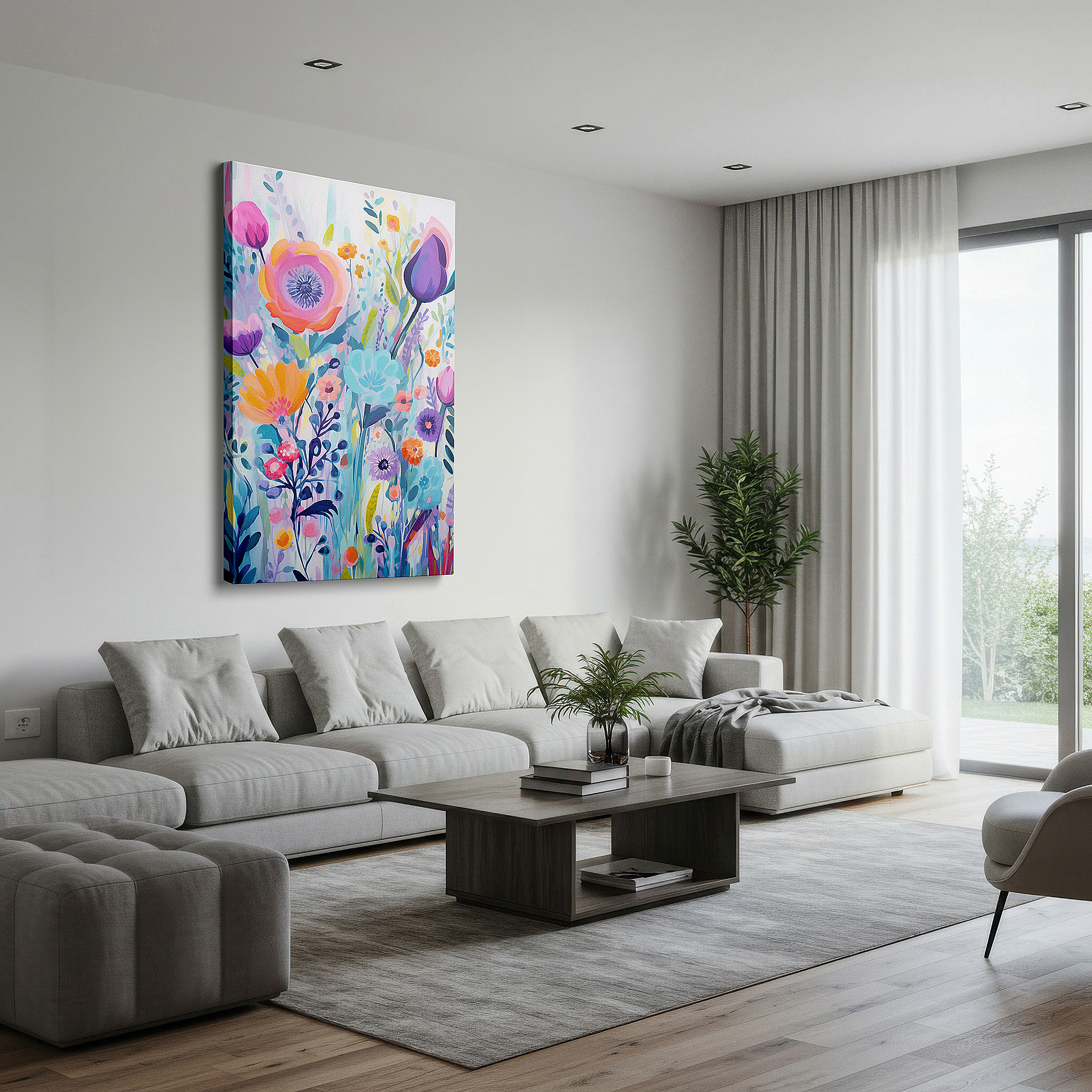 Positioned above a console table between ceramic vases — vibrant abstract floral masterpiece featuring dynamic shapes and bright colors to celebrate nature's beauty - large canvas wall art