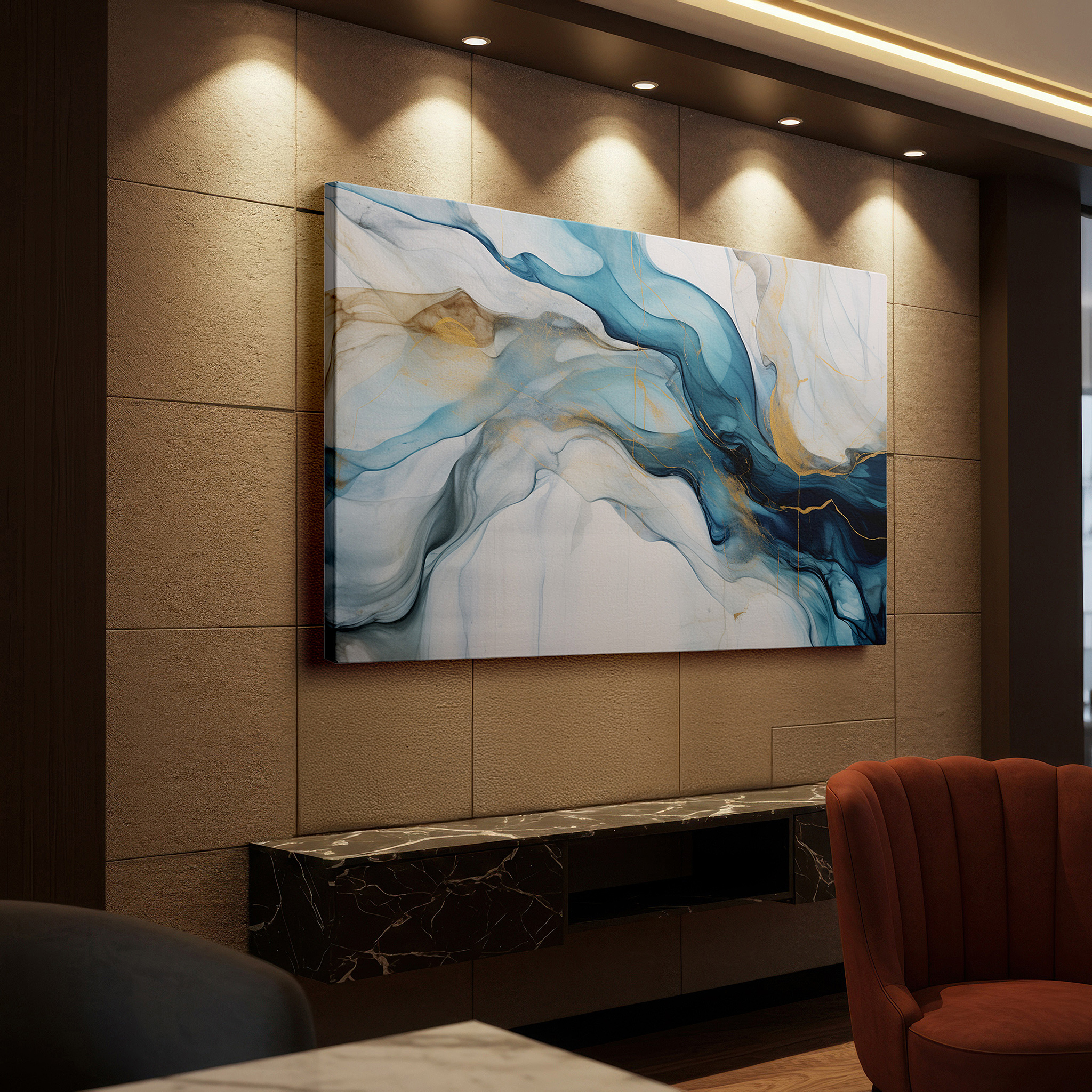 Positioned above a console table between ceramic vases — vibrant blues and glowing golds in abstract harmony: oversized canvas wall art for office, bedroom, and living room decor