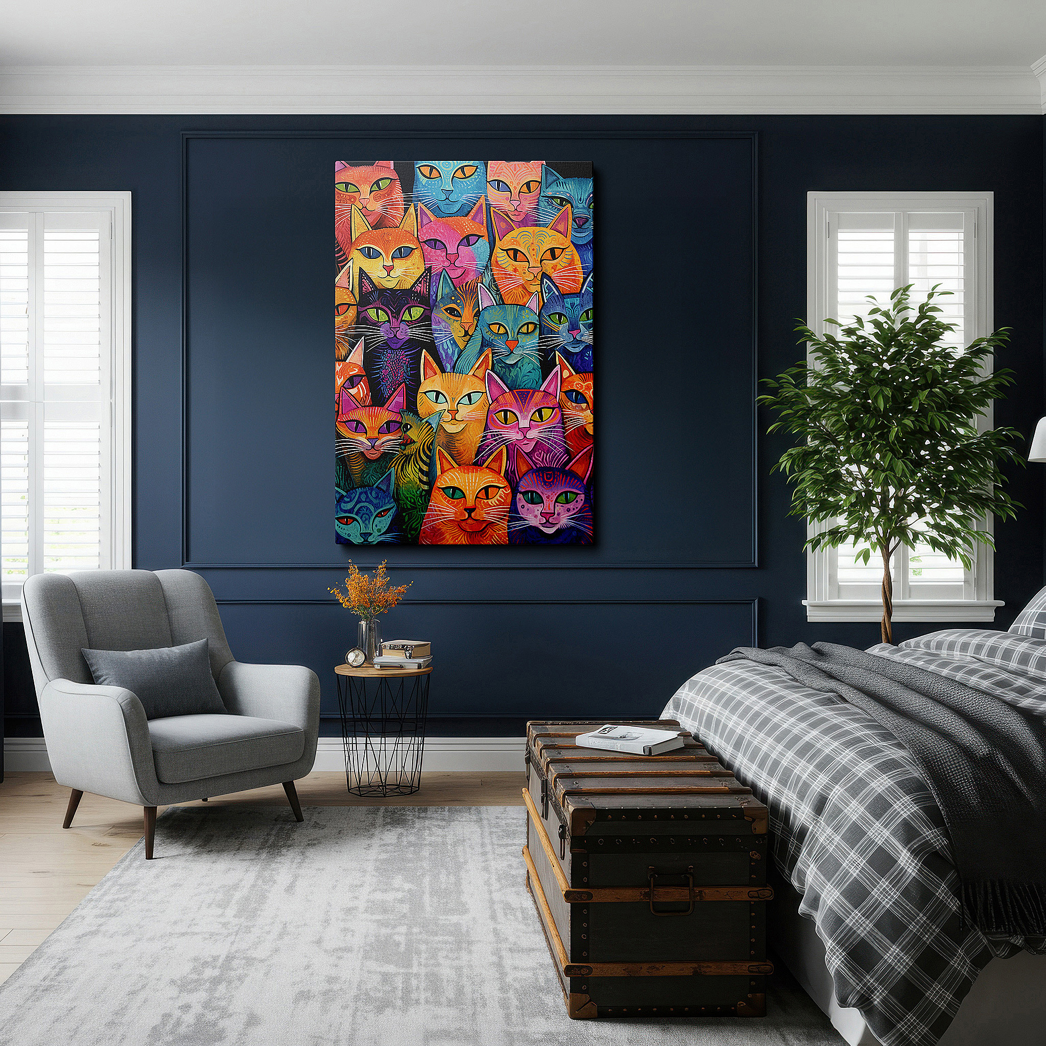 Positioned above a console table between ceramic vases — vibrant cat portraits collage: celebrating feline diversity and personality - large wall art, canvas wall art, wall decor for office and bedroom