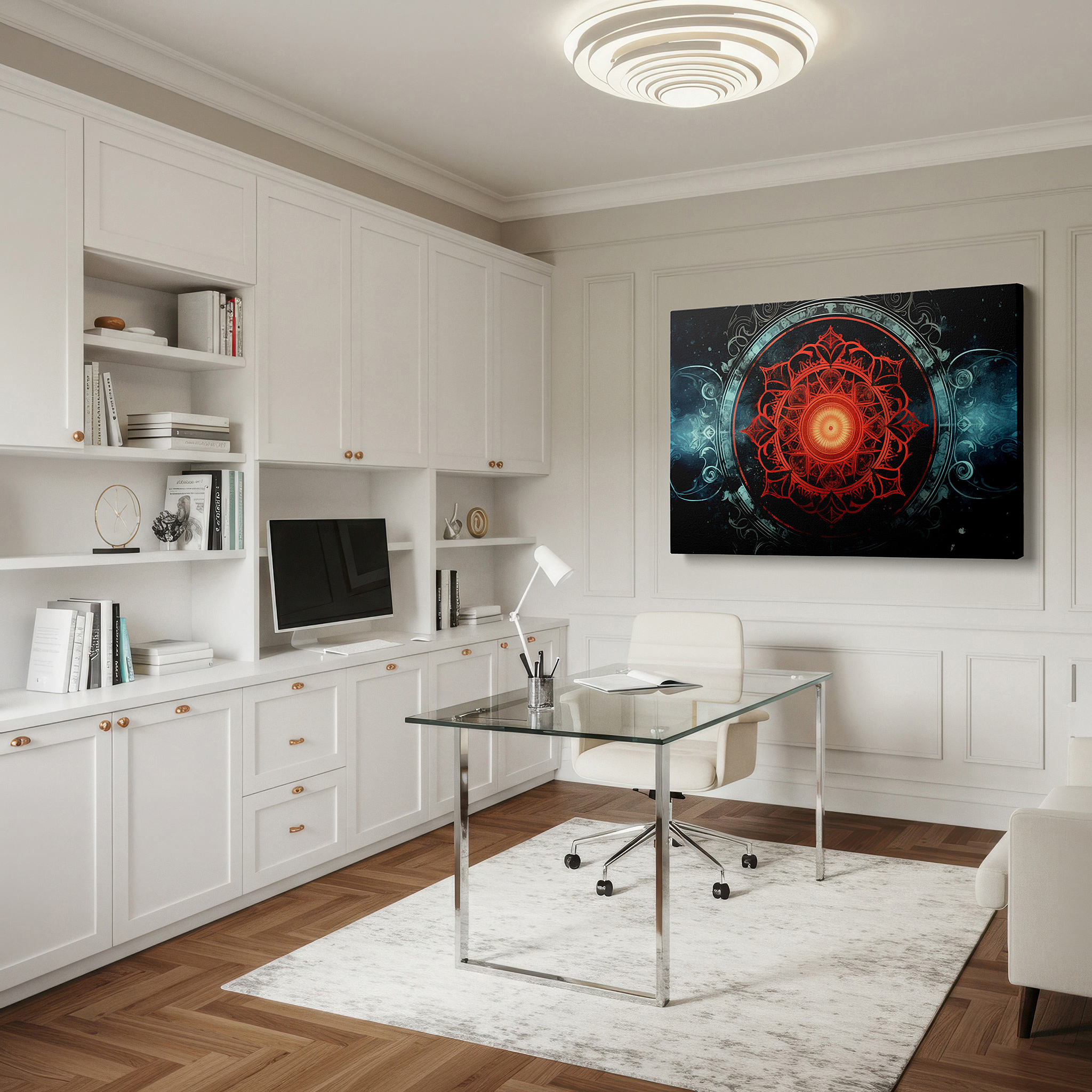 Positioned above a console table between ceramic vases — vibrant red mandala featuring cosmic elements, representing universal harmony and spiritual depth, large canvas wall art for office decor