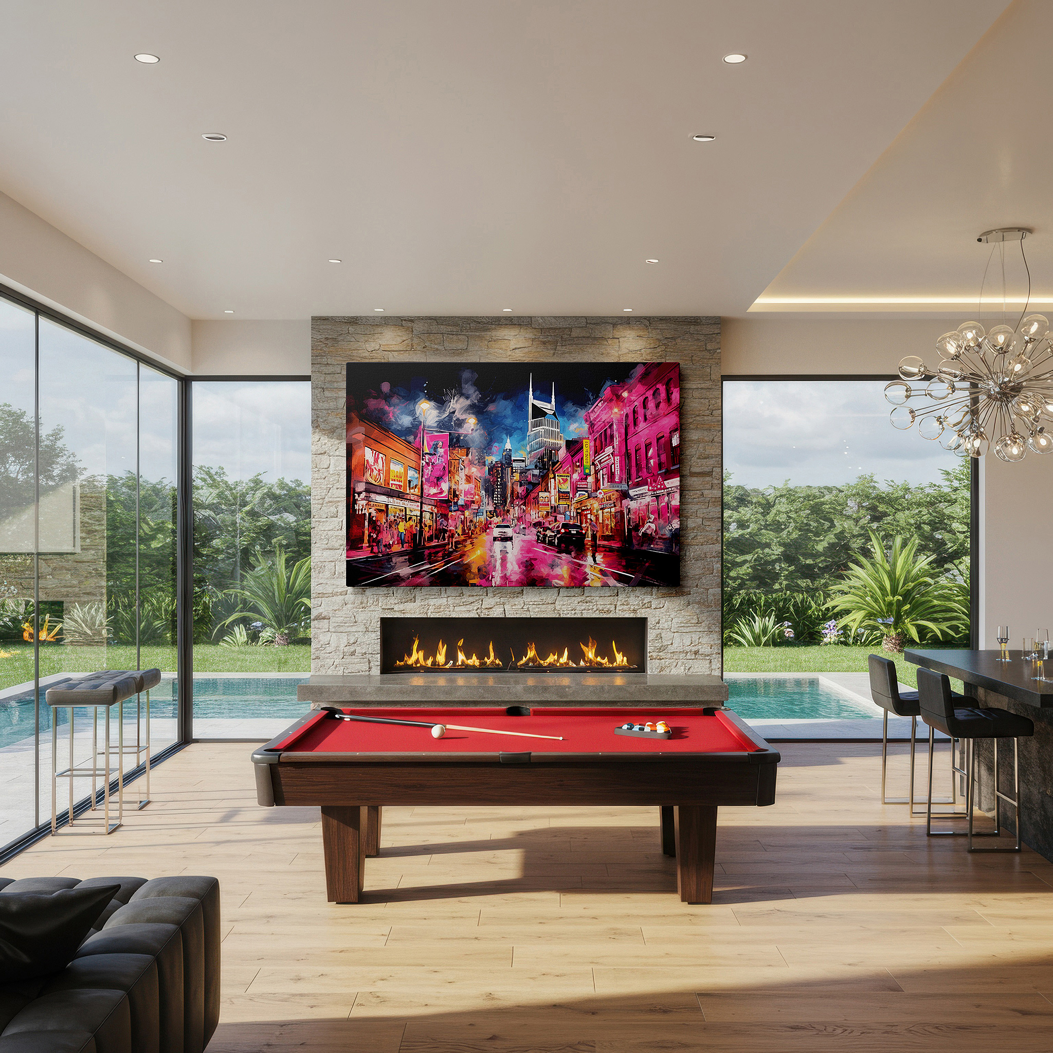 Positioned above a console table between ceramic vases — vibrant urban nights: neon lights and rainy streets - large canvas wall art for office and bedroom decor