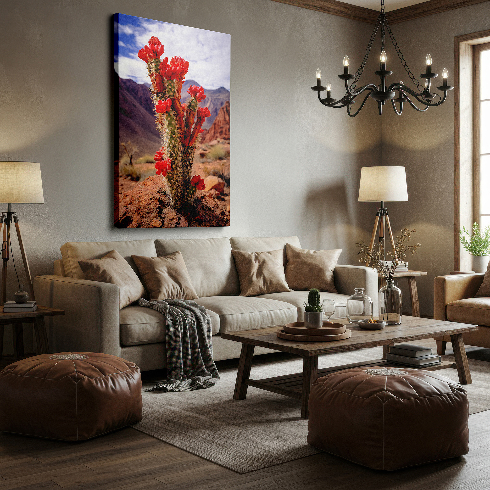 Positioned above a console table between ceramic vases — vivid red cactus flowers set against a peaceful desert scene, representing resilience and beauty - large wall art, canvas wall art, wall decor for office