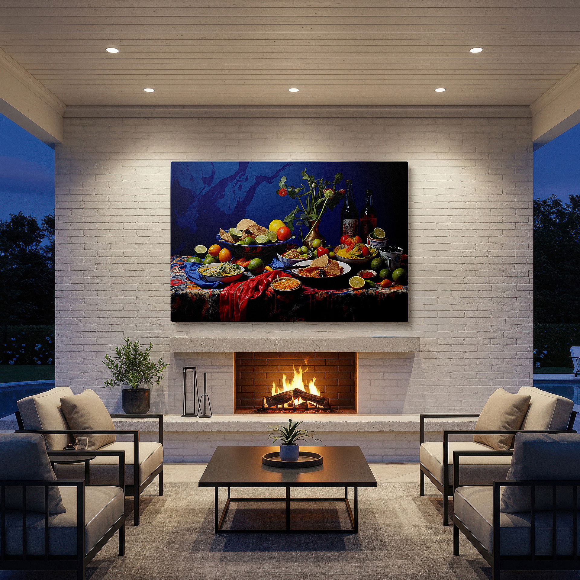 Positioned above a console table between ceramic vases — wall art: celebrating culinary diversity and communal joy with a feast of colors and flavors on a rustic table - large canvas wall art for office decor