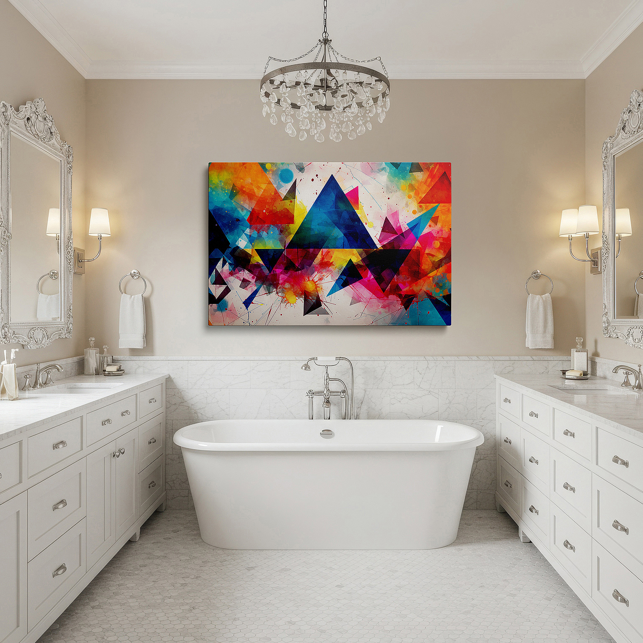 Positioned above a console table between ceramic vases — wall art: contemporary abstract large canvas featuring a vibrant spectrum of geometric vitality, ideal for office, living room, and bedroom decor.