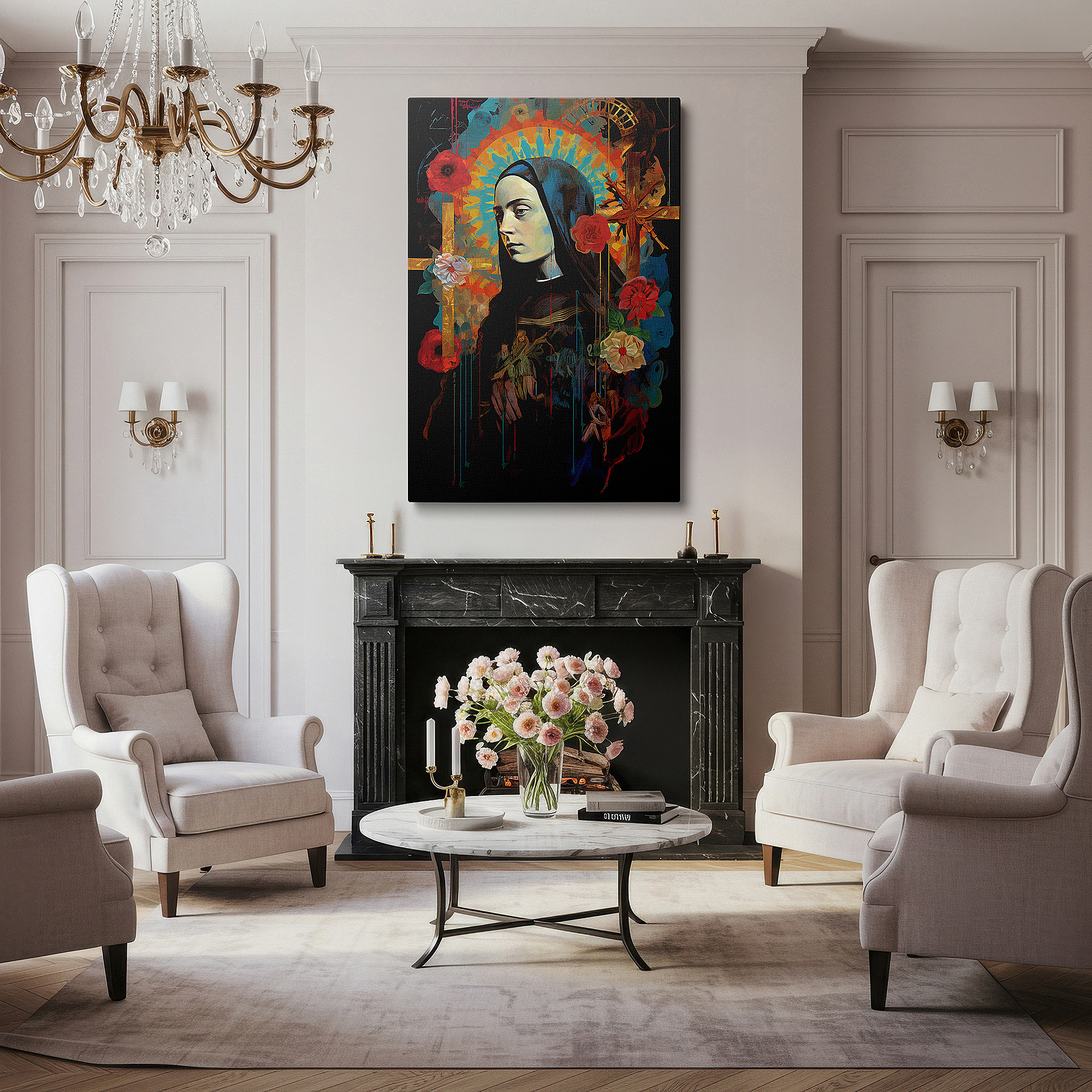 Positioned above a console table between ceramic vases — wall art: experience saintly serenity with blooming flowers - a tranquil, spiritual tapestry. perfect for home or office decor, available as large canvas wall art.
