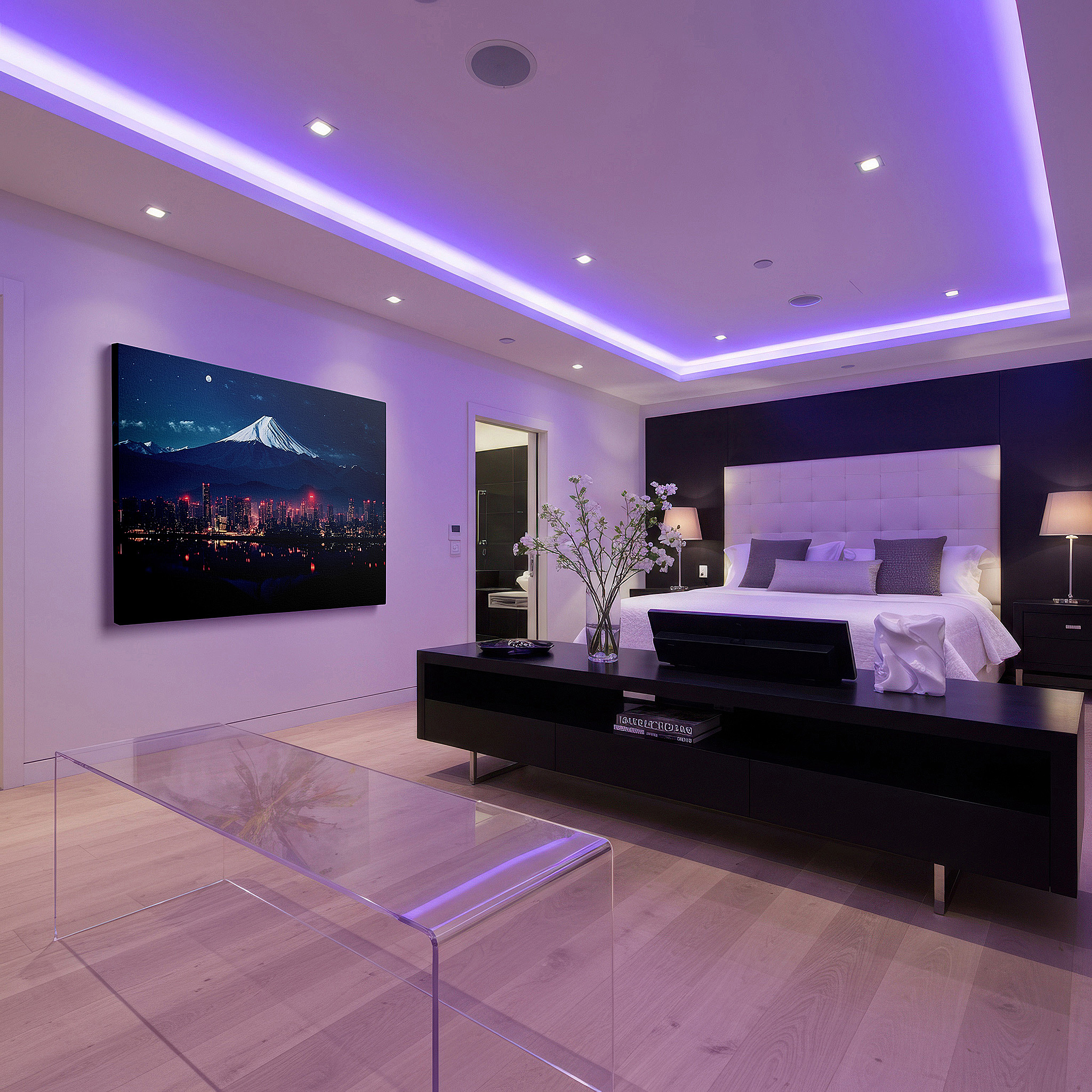 Positioned above a console table between ceramic vases — wall art: majestic mount fuji under moonlit skies amidst urban lights - large canvas wall art for office, bedroom, and living room decor