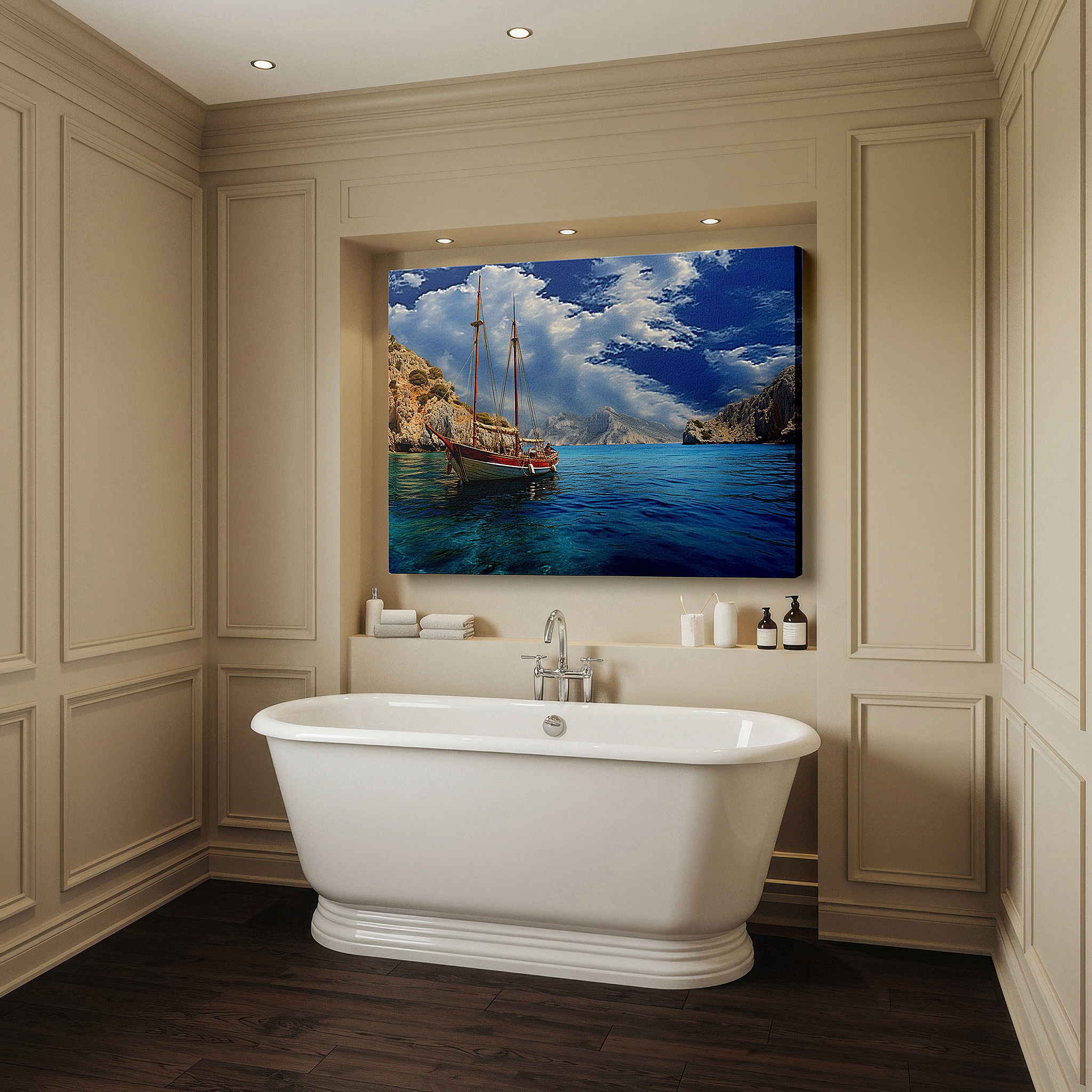 Positioned above a console table between ceramic vases — wall art: majestic sailing vessel and towering cliffs - a journey of resilience and discovery. large canvas wall art for office decor.