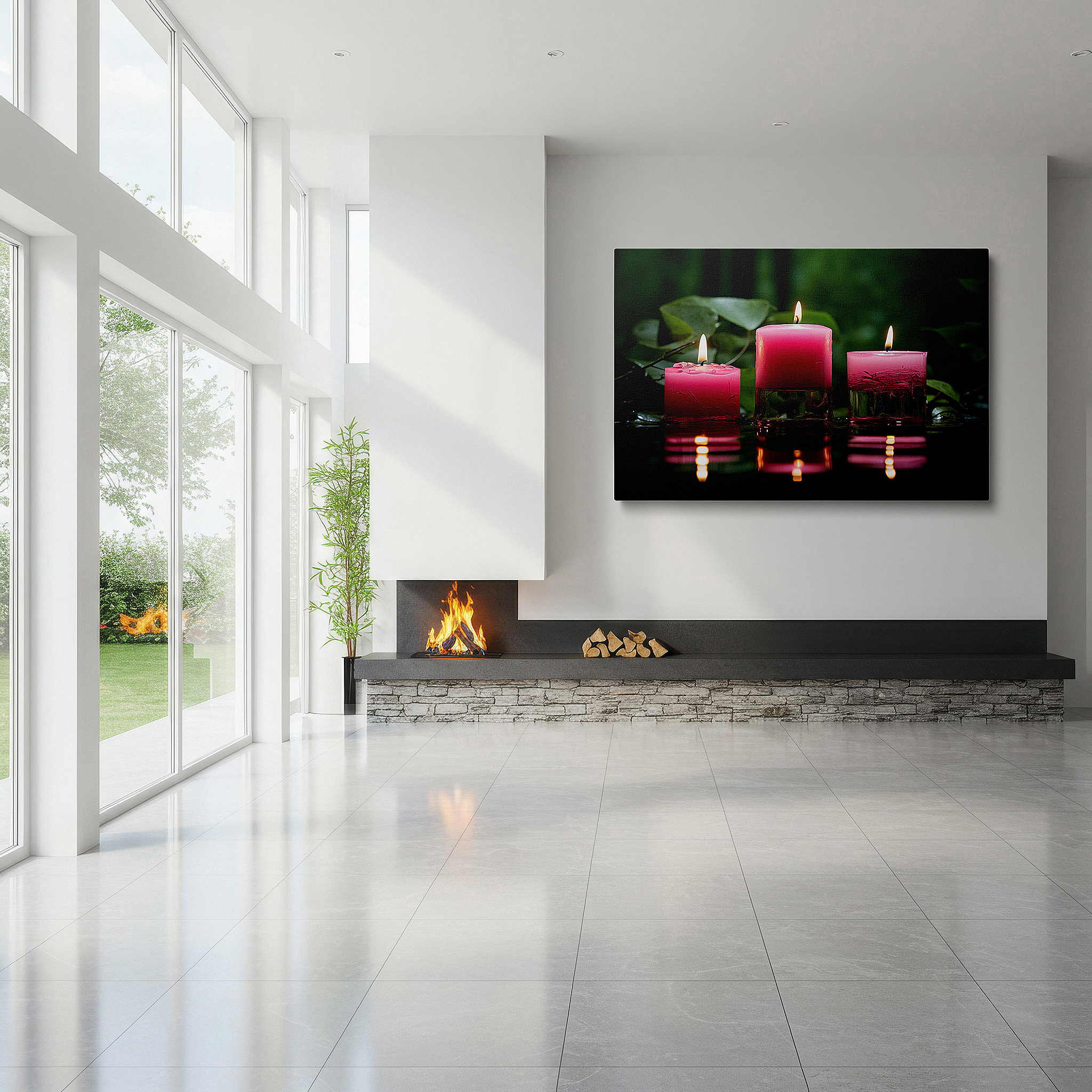 Positioned above a console table between ceramic vases — wall art: serene set of three pink candles with a vibrant green background - large canvas wall art for office, bedroom, and living room decor