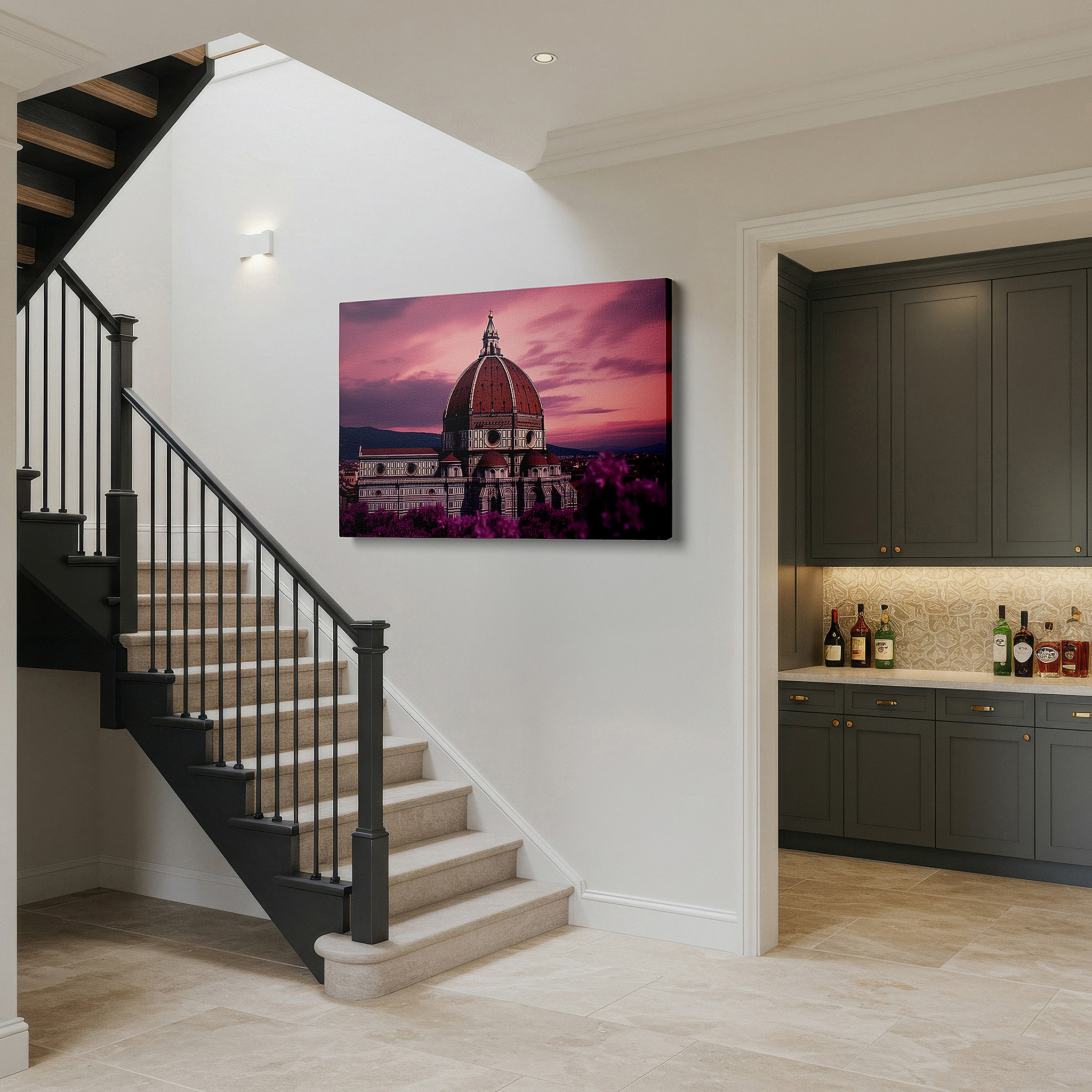 Positioned above a console table between ceramic vases — wall art: twilight majesty of florence duomo - experience the radiant spectrum and historical grandeur with large canvas wall art for home and office decor