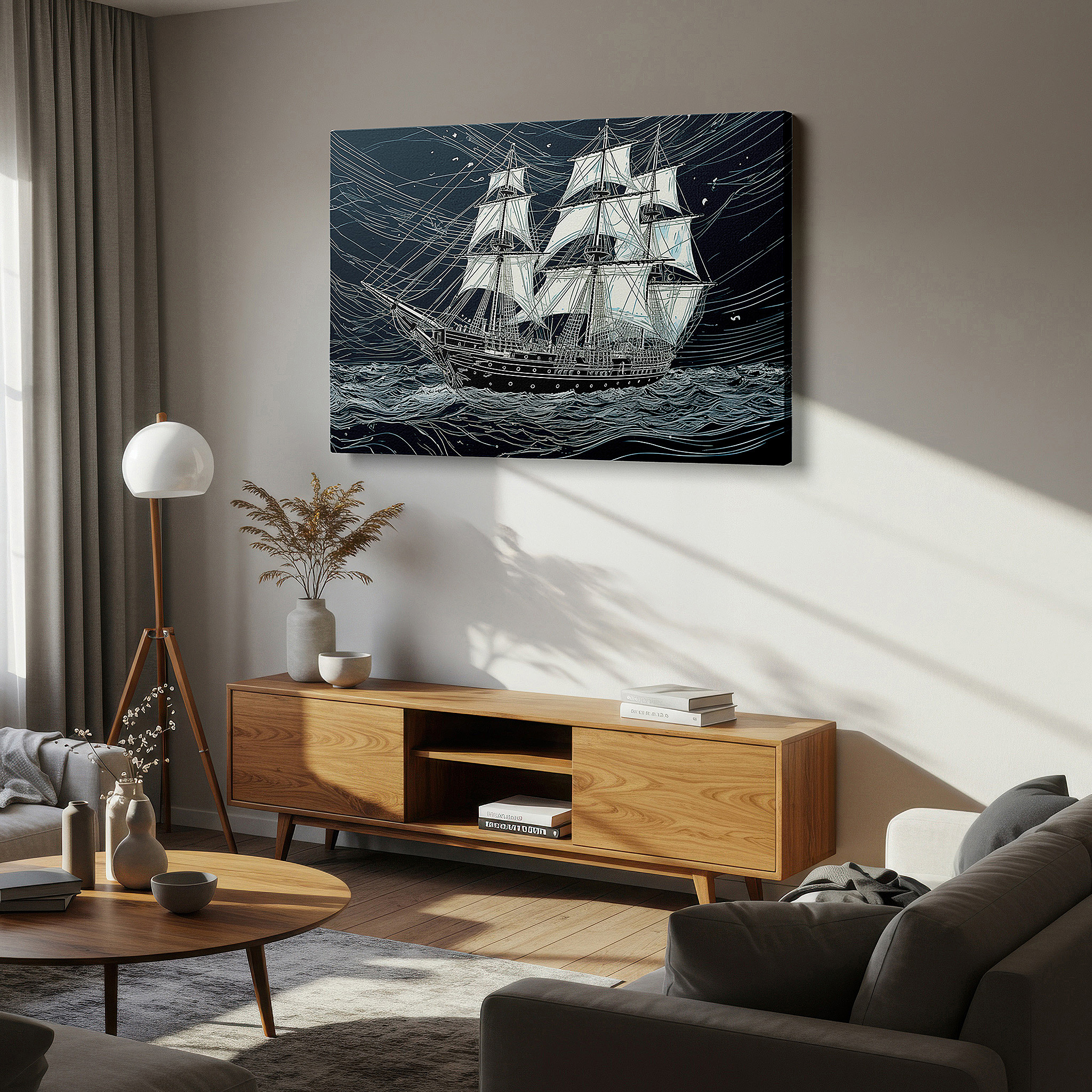 Positioned above a console table between ceramic vases — wall decor: brave sailing vessel confronts tempestuous waters, emblematic of resilience and adventure - large canvas art for office and home decor