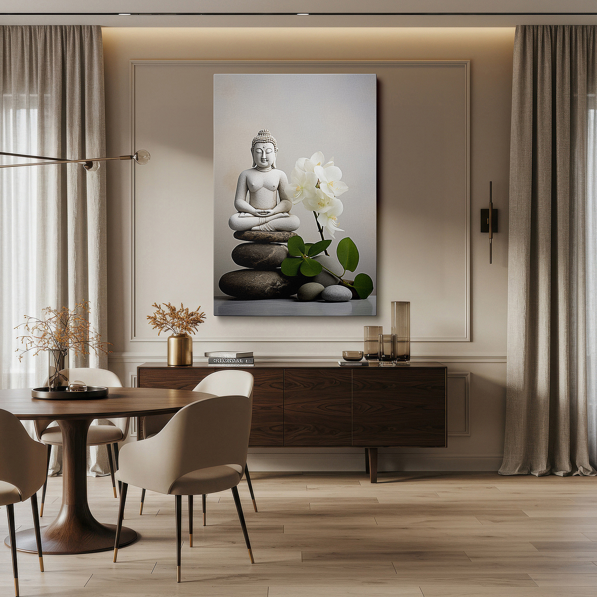 Positioned above a console table between ceramic vases — wall decor: eternal serenity - large canvas featuring a buddha statue, orchids, and pebbles, symbolizing calm and enlightenment