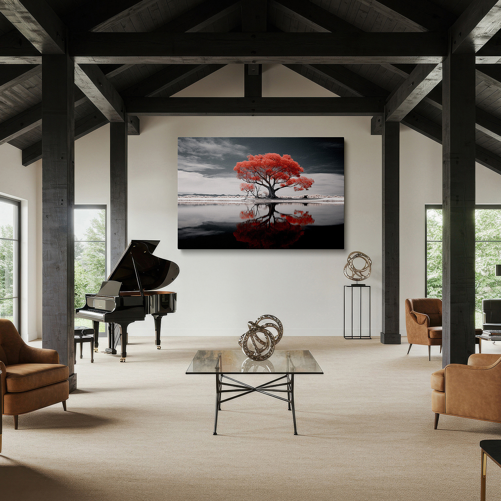 Positioned above a console table between ceramic vases — wall decor: fiery red tree against calm waters - striking natural contrast of energy and tranquility, large canvas wall art for home and office decor