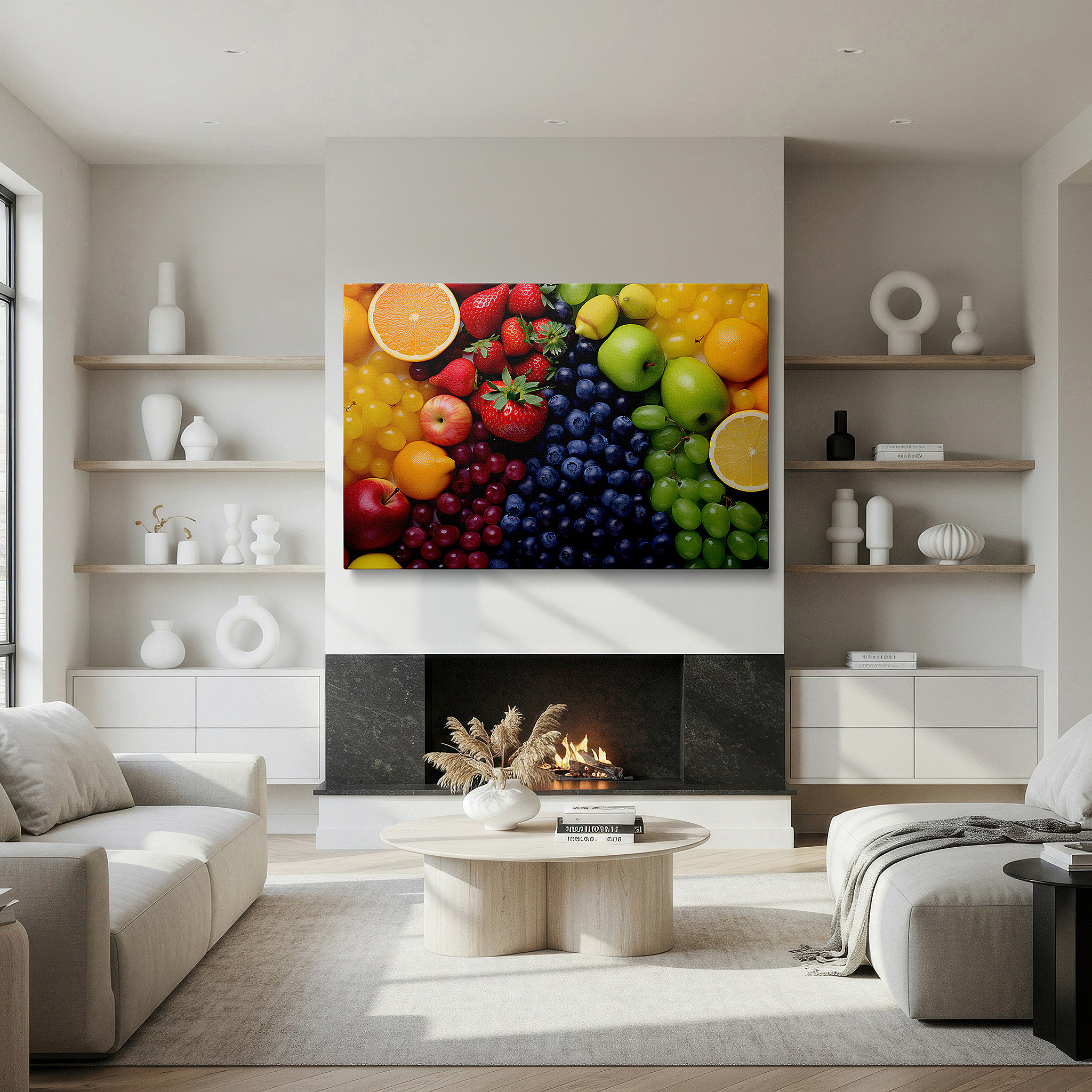 Positioned above a console table between ceramic vases — wall decor: a lively blend of nature's hues and fresh fruit, encouraging wellness and culinary innovation - large canvas art for home and office decor