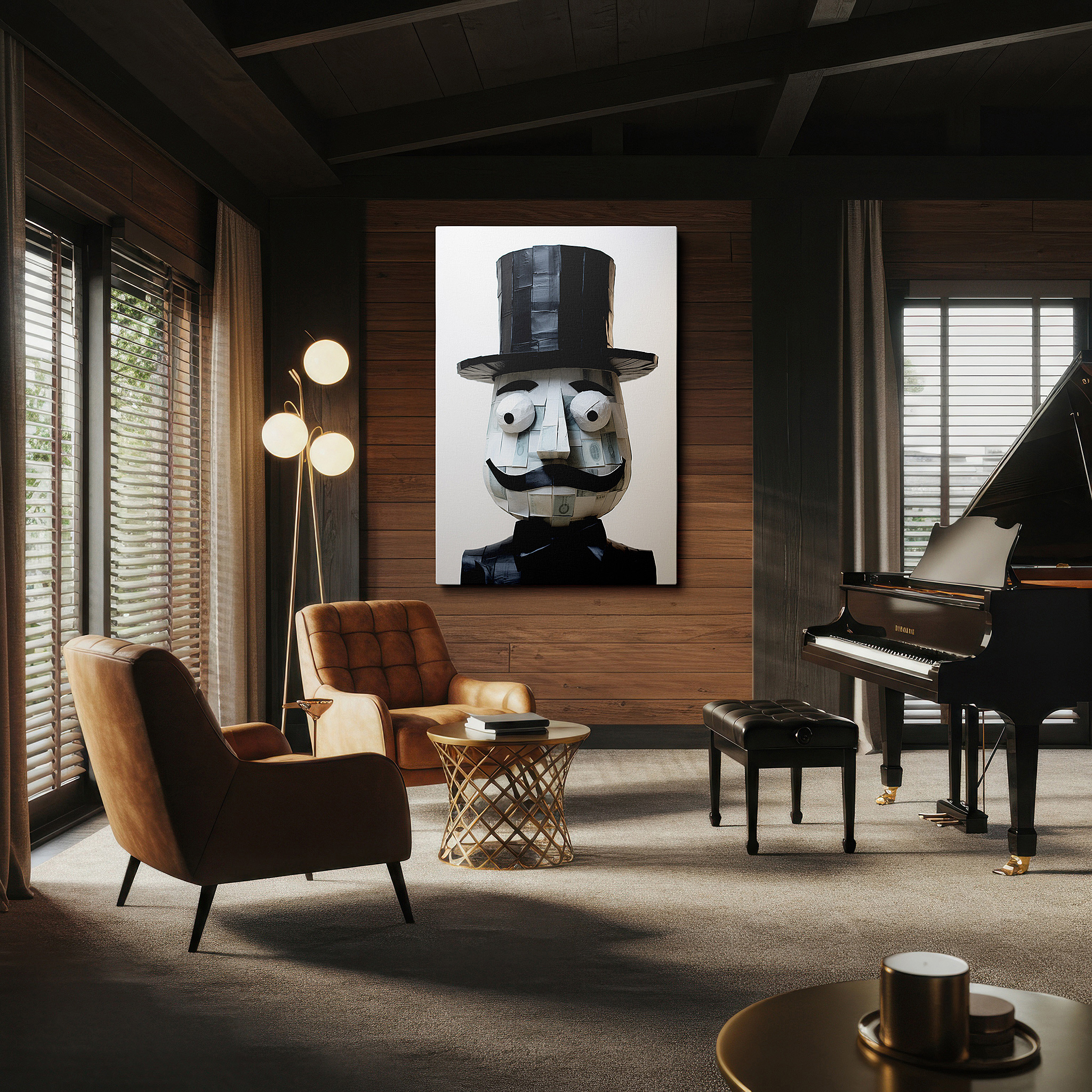 Positioned above a console table between ceramic vases — whimsical figure with top hat and bow tie: a joyful centerpiece for creative spaces - large canvas wall art for office decor