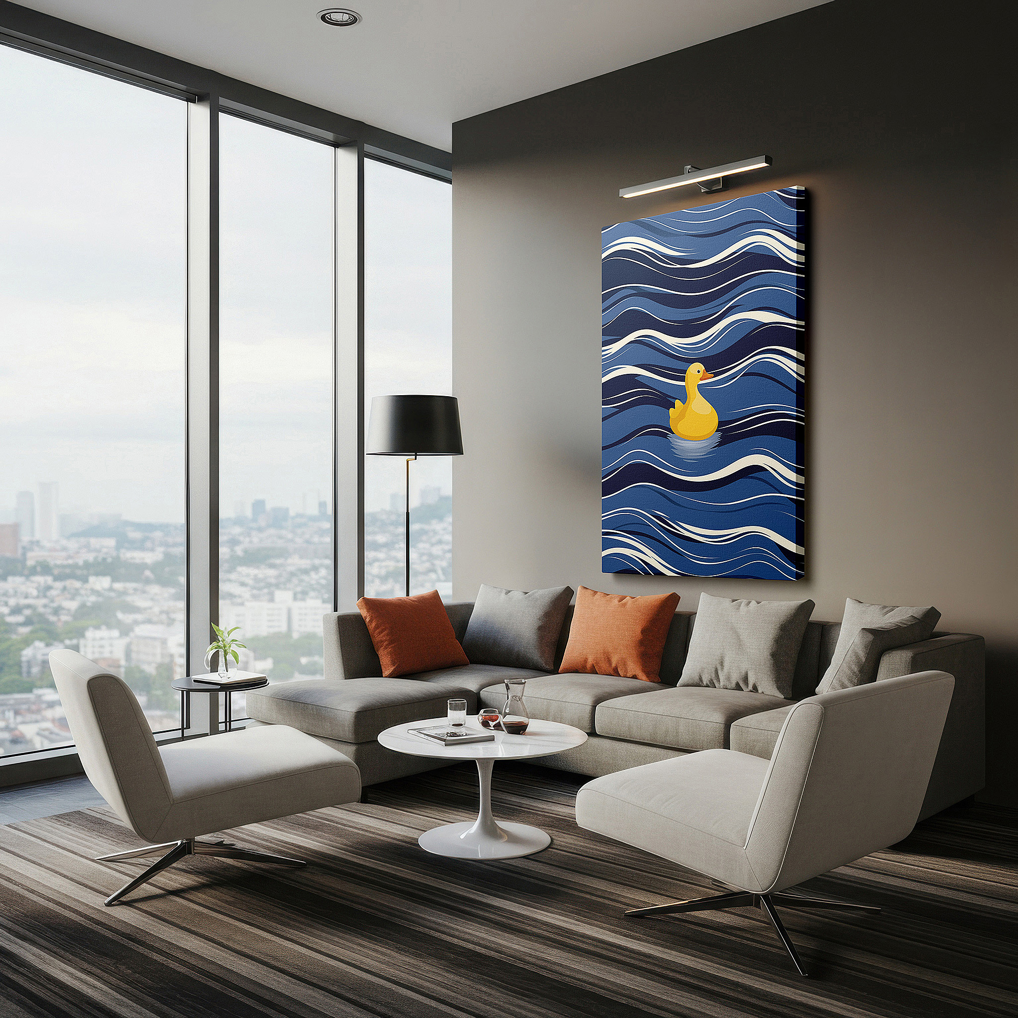Positioned above a console table between ceramic vases — yellow duck serenely floating on artistic blue waves, symbolizing joy and tranquility, large canvas wall art for office decor