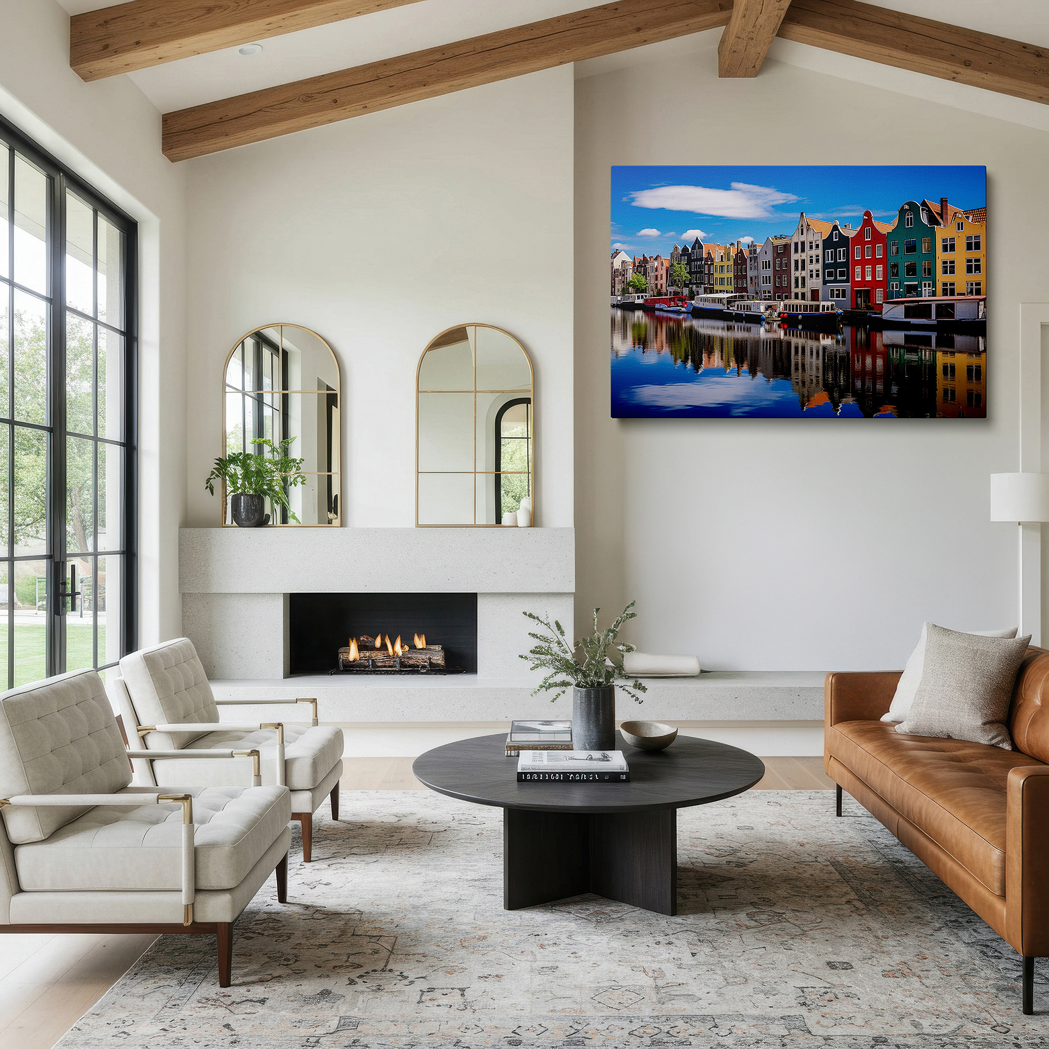 Presented on a clean white gallery wall with ample space — amsterdam waterfront canvas print featuring dutch architecture and dreamlike canal reflections, large wall art for home or office decor