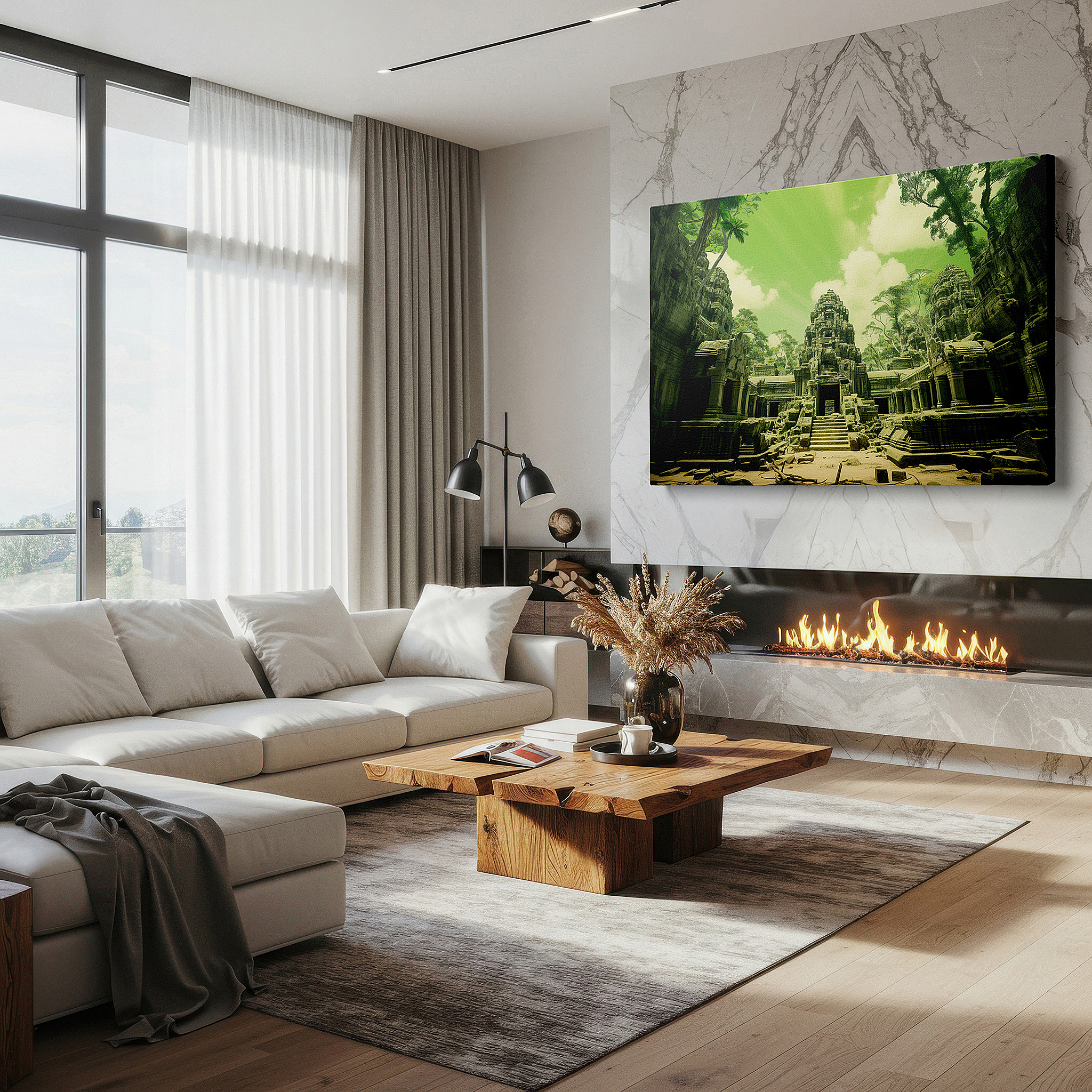 Presented on a clean white gallery wall with ample space — ancient ruins surrounded by dense jungle: a tribute to time and the resilience of nature - large canvas wall art for office decor