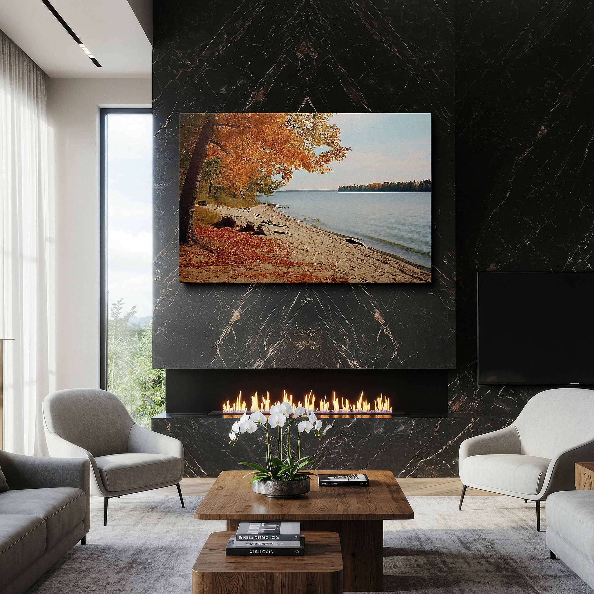 Presented on a clean white gallery wall with ample space — autumn lakeside reflections in golden hues - large canvas wall art for office, bedroom, and living room decor