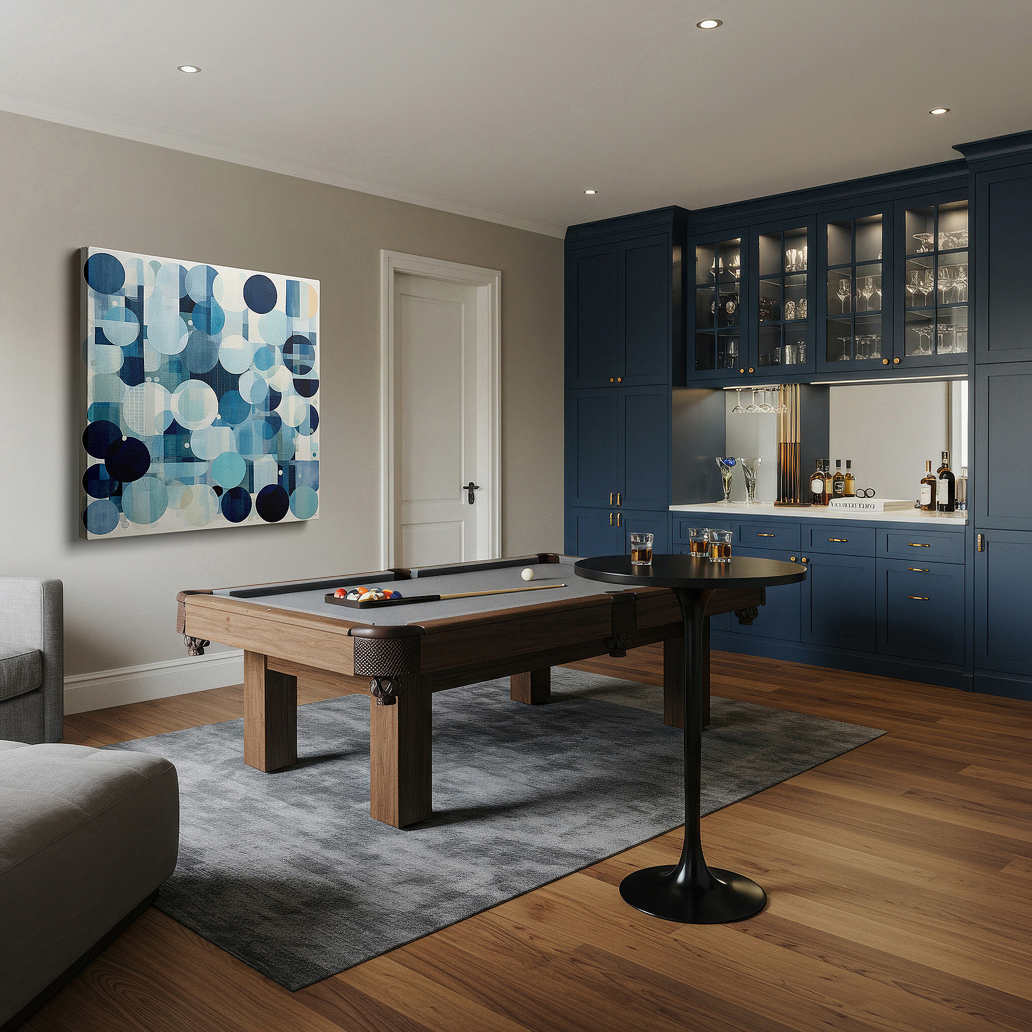 Presented on a clean white gallery wall with ample space — blue and white harmonious circles, symbolizing unity and serenity, large canvas wall art for office decor