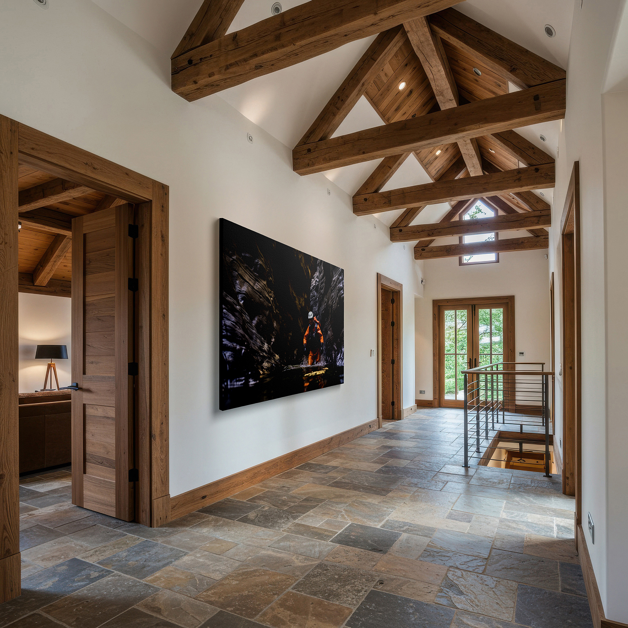 Presented on a clean white gallery wall with ample space — canyon kayaking adventure - stunning resilience and adventure themed large wall art, canvas decor for office and bedroom
