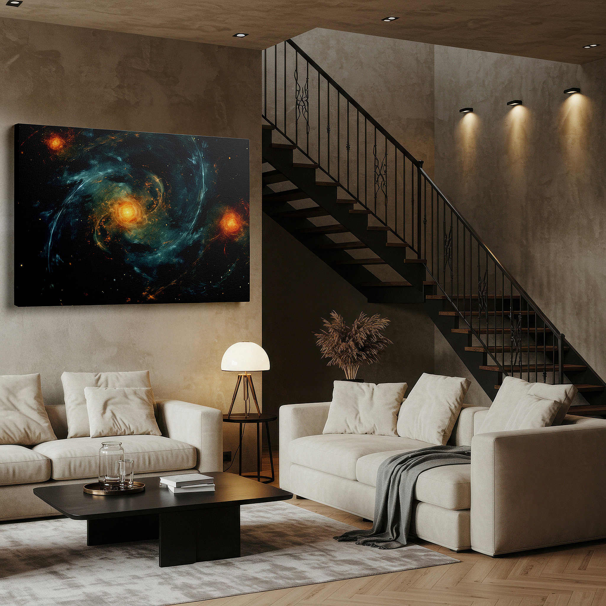 Presented on a clean white gallery wall with ample space — celestial masterpiece featuring galaxies and cosmic energy, large canvas wall art for office and bedroom decor
