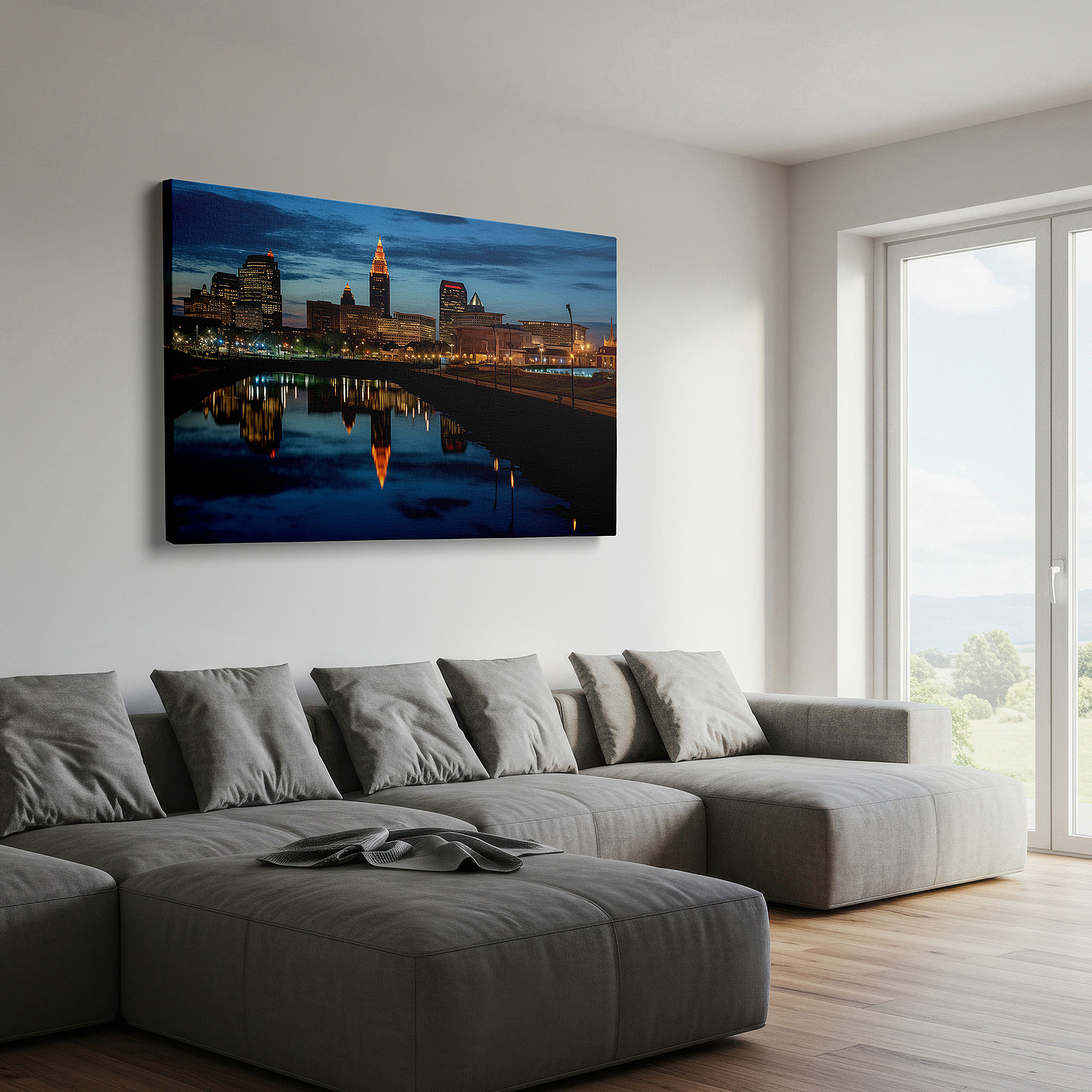 Presented on a clean white gallery wall with ample space — cleveland skyline at twilight: large wall art featuring city lights and tranquil waters - canvas wall art for office and home decor