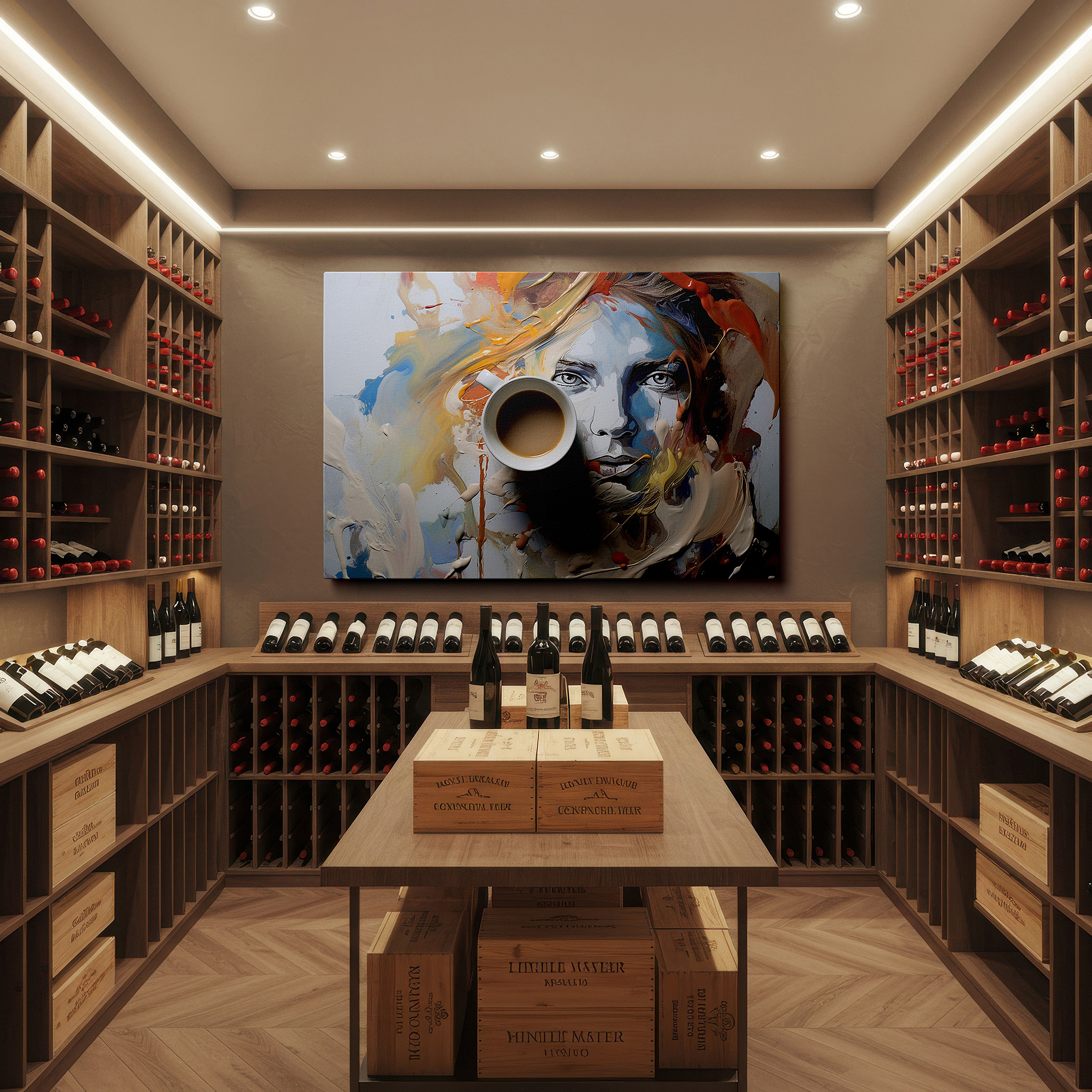Presented on a clean white gallery wall with ample space — coffee break on an artist's palette: blending everyday comfort with creative flair - large wall art, canvas wall art, wall decor, office wall art