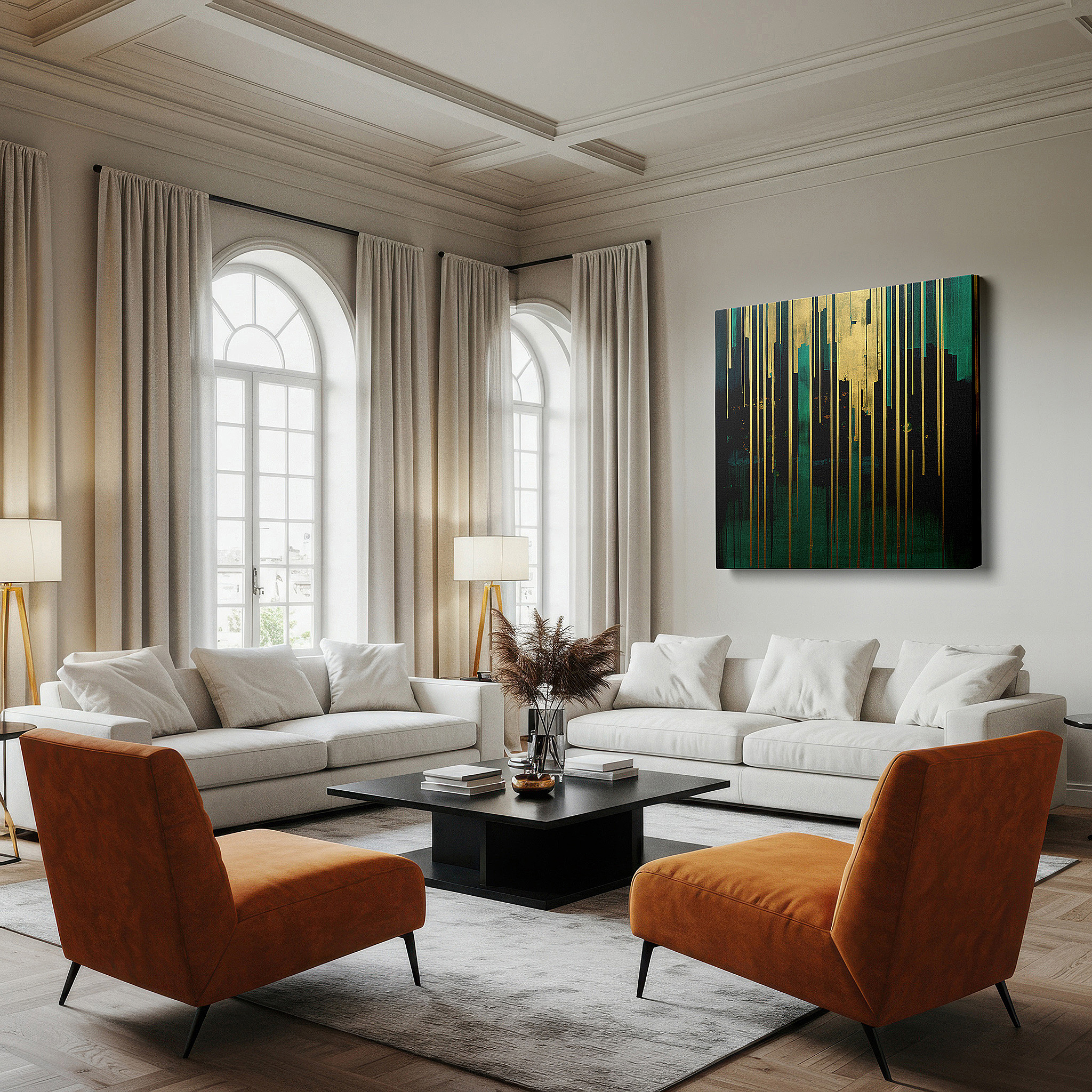 Presented on a clean white gallery wall with ample space — contemporary creativity captured: vivid green and rich gold lines large wall art, canvas wall art, wall decor for office