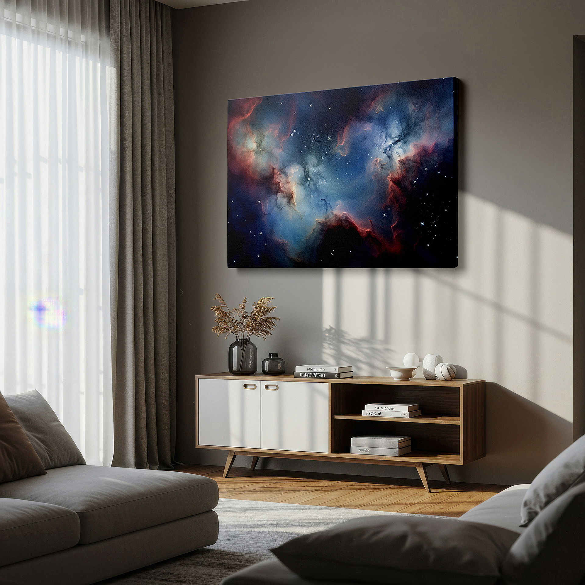 Presented on a clean white gallery wall with ample space — cosmic cloudscape wall art: explore the universe's mysteries with